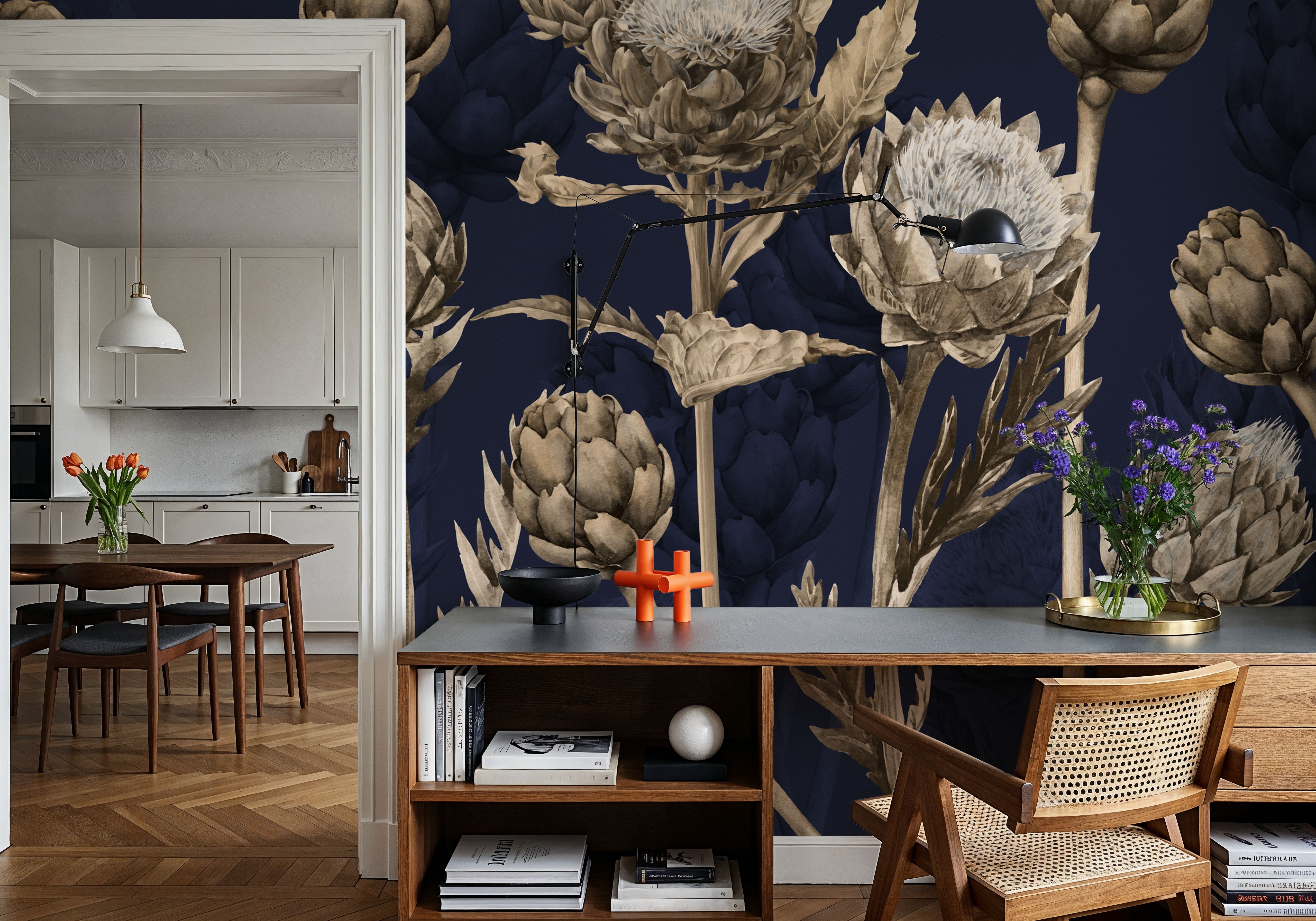 Artichoke Blooms, Navy Blue, Papier peint