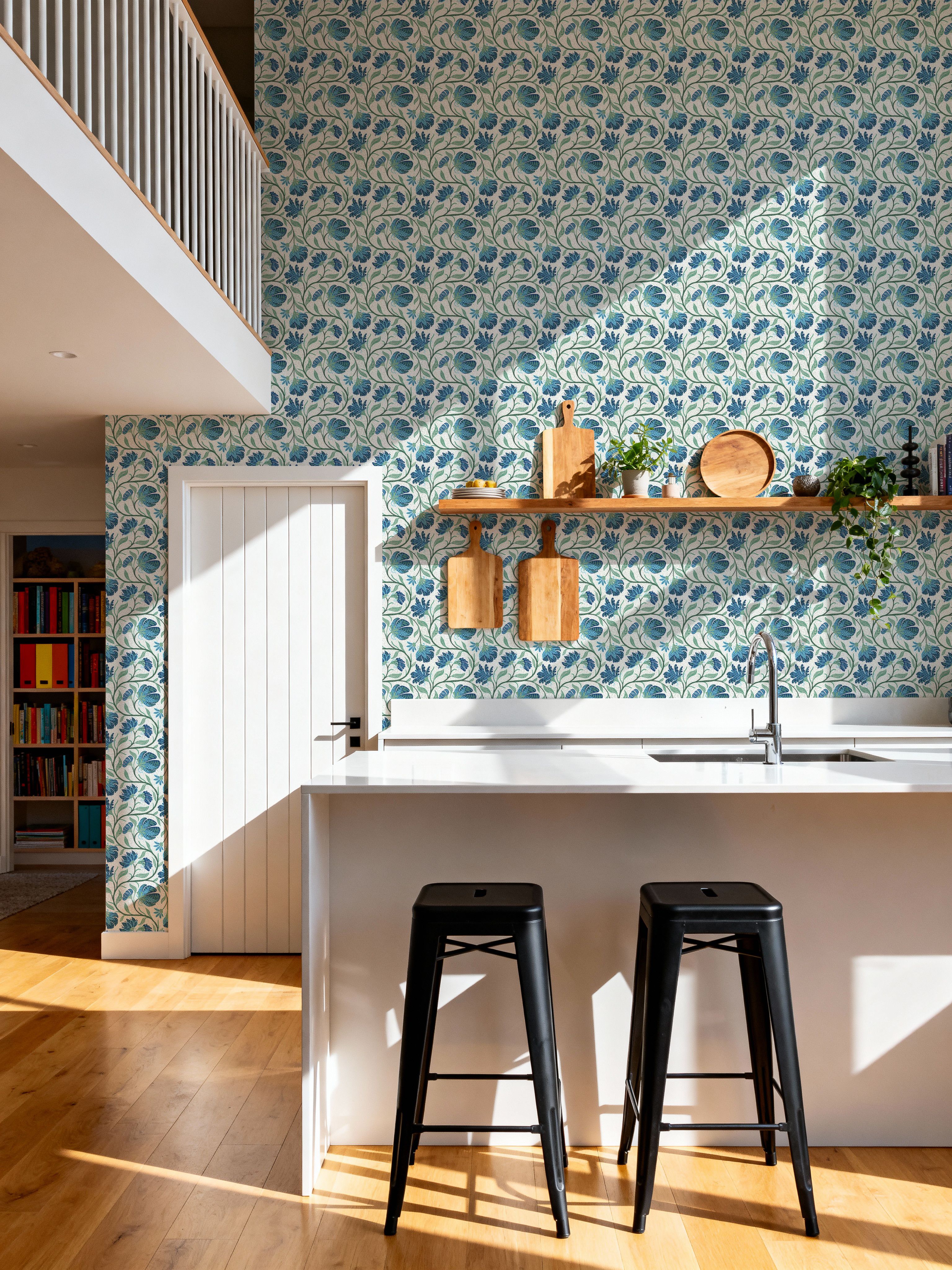 Indial Floral, Teal on Cream