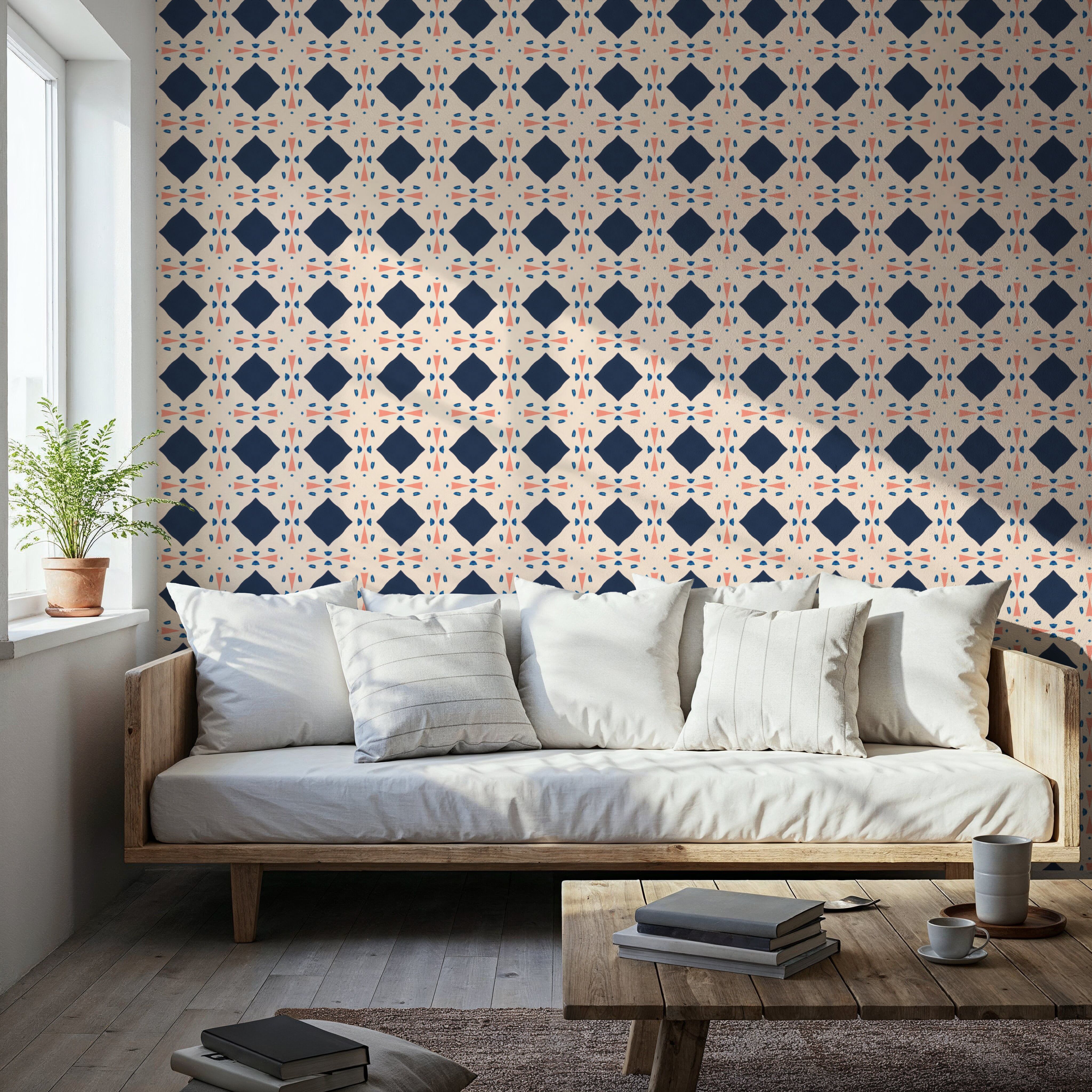 Kaleidoscope Blue And Coral, Wallpaper