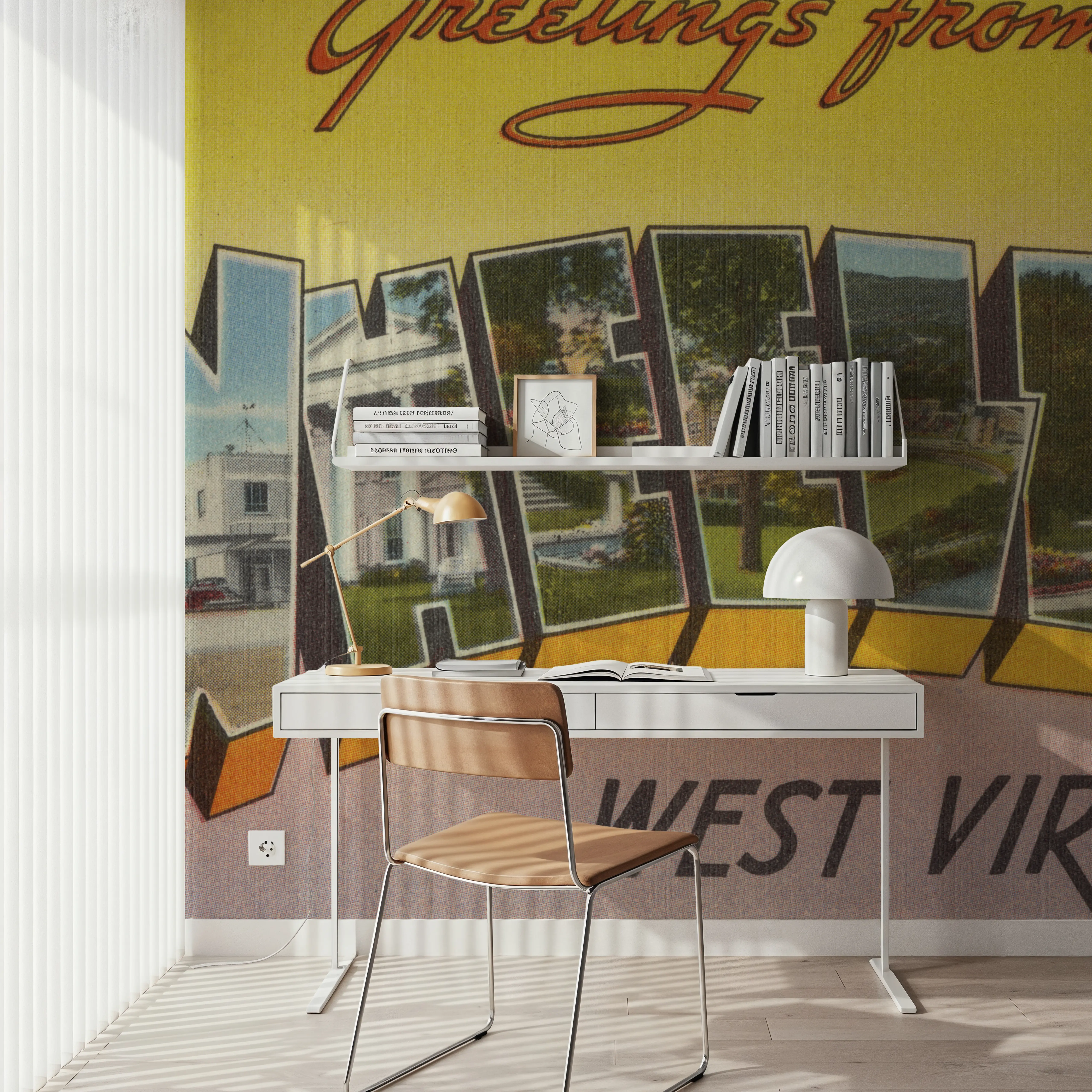 Papier Peint Panoramique - Greetings from Wheeling - Screenprint Postcard - Vacances Voyages et monuments - Jaune - Bureaux - Wallism Belgique