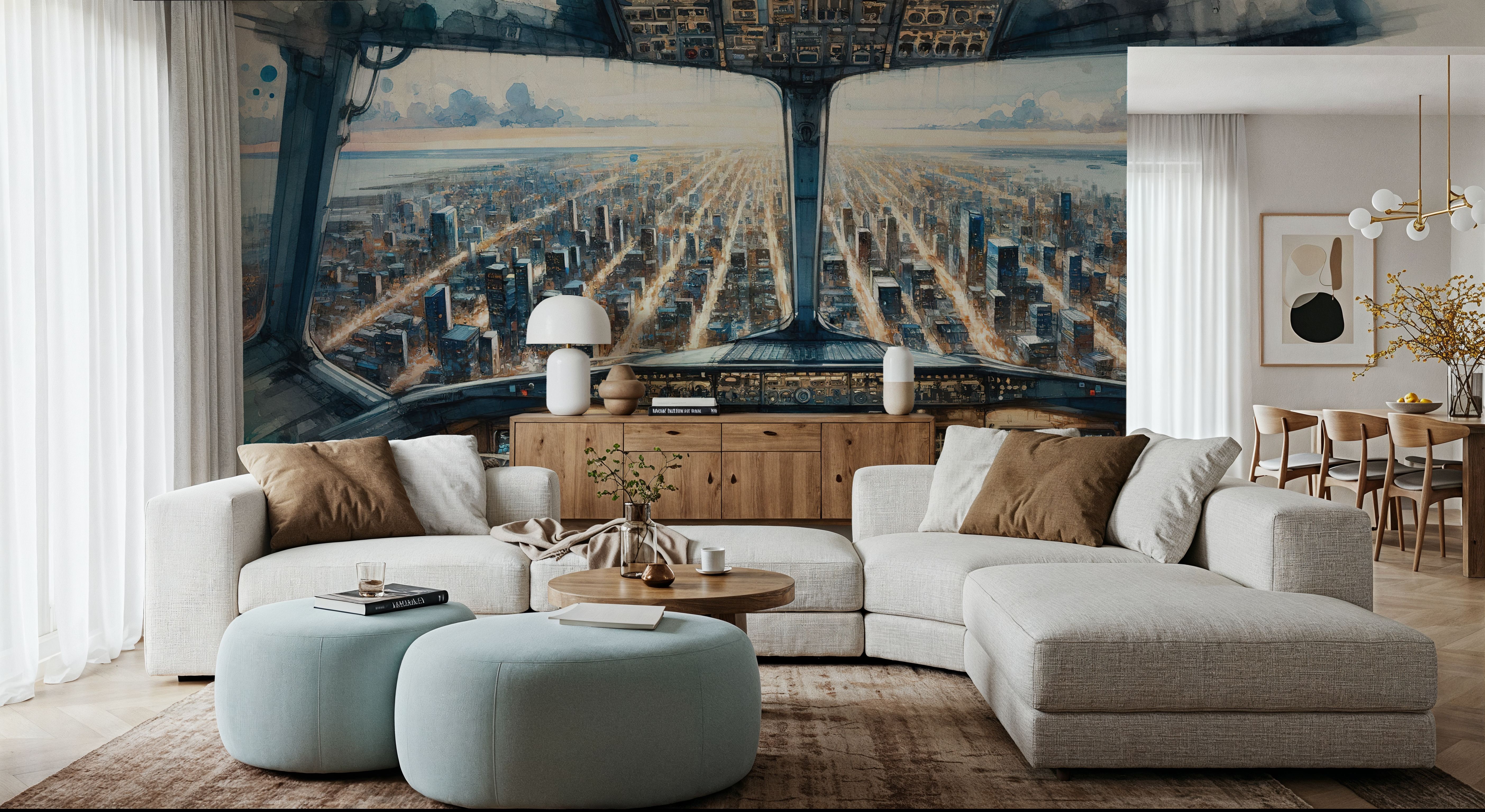 Cityscape from Airplane Cockpit