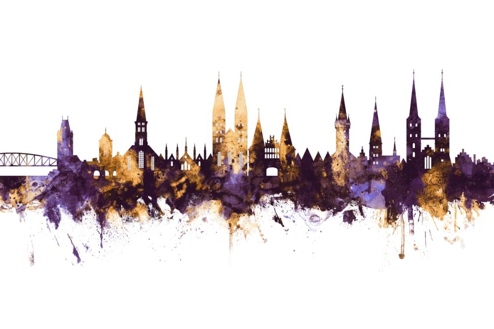 Lubeck Germany Skyline Purple & Gold
