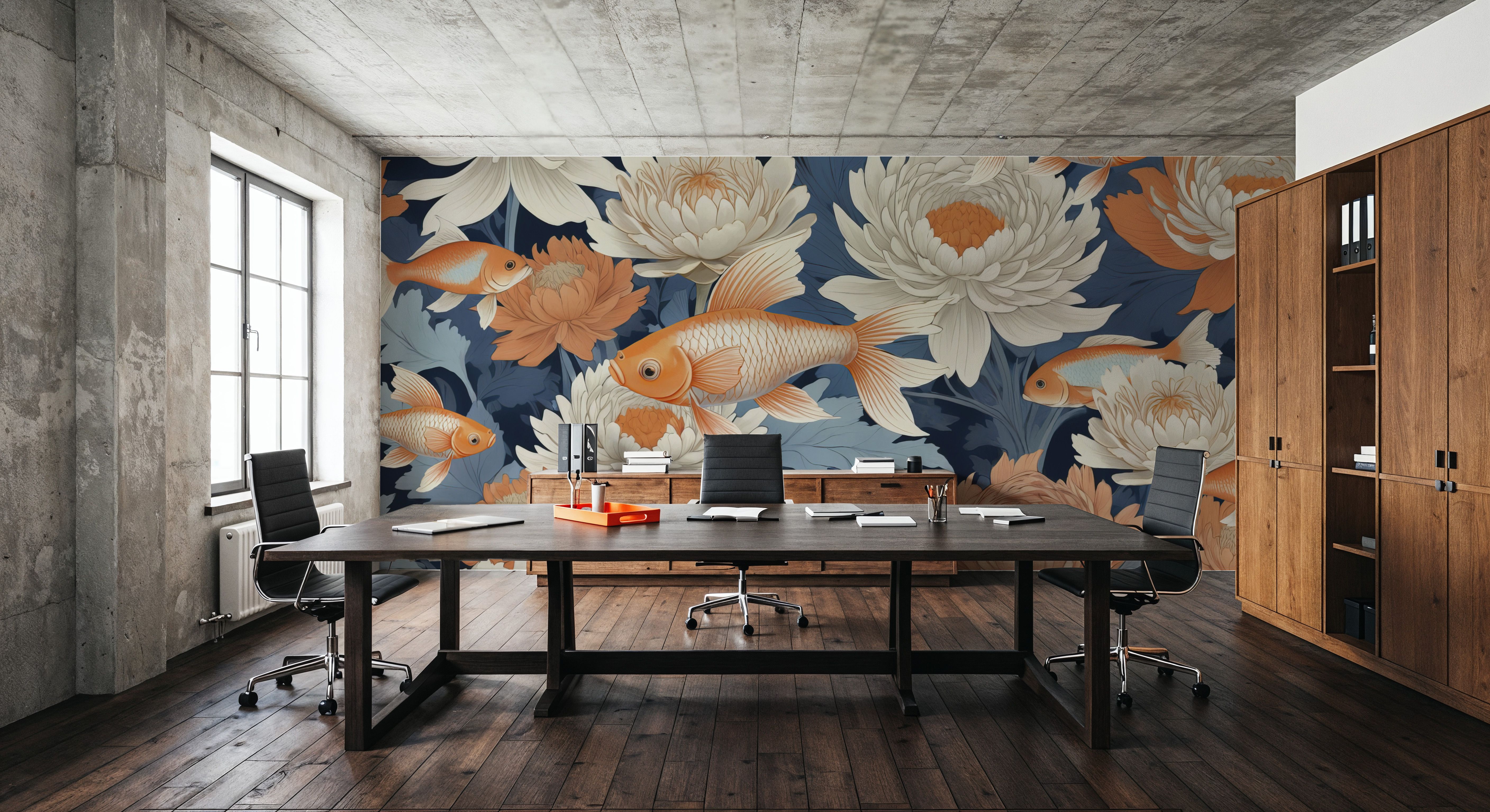 Dancing Fish, Orange on Blue, Wallpaper