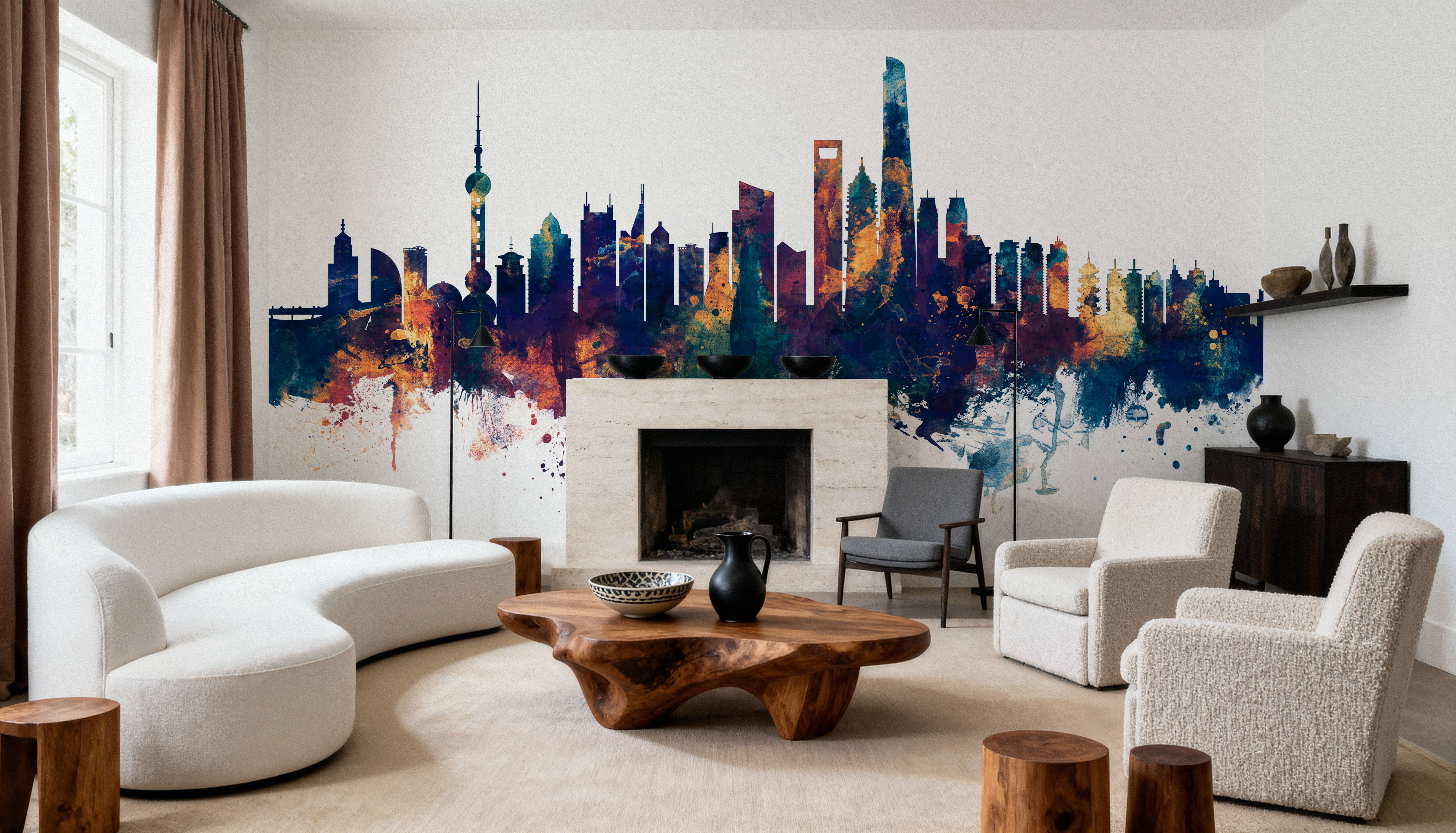 Shanghai China Skyline Blue & Bronze, Wallpaper