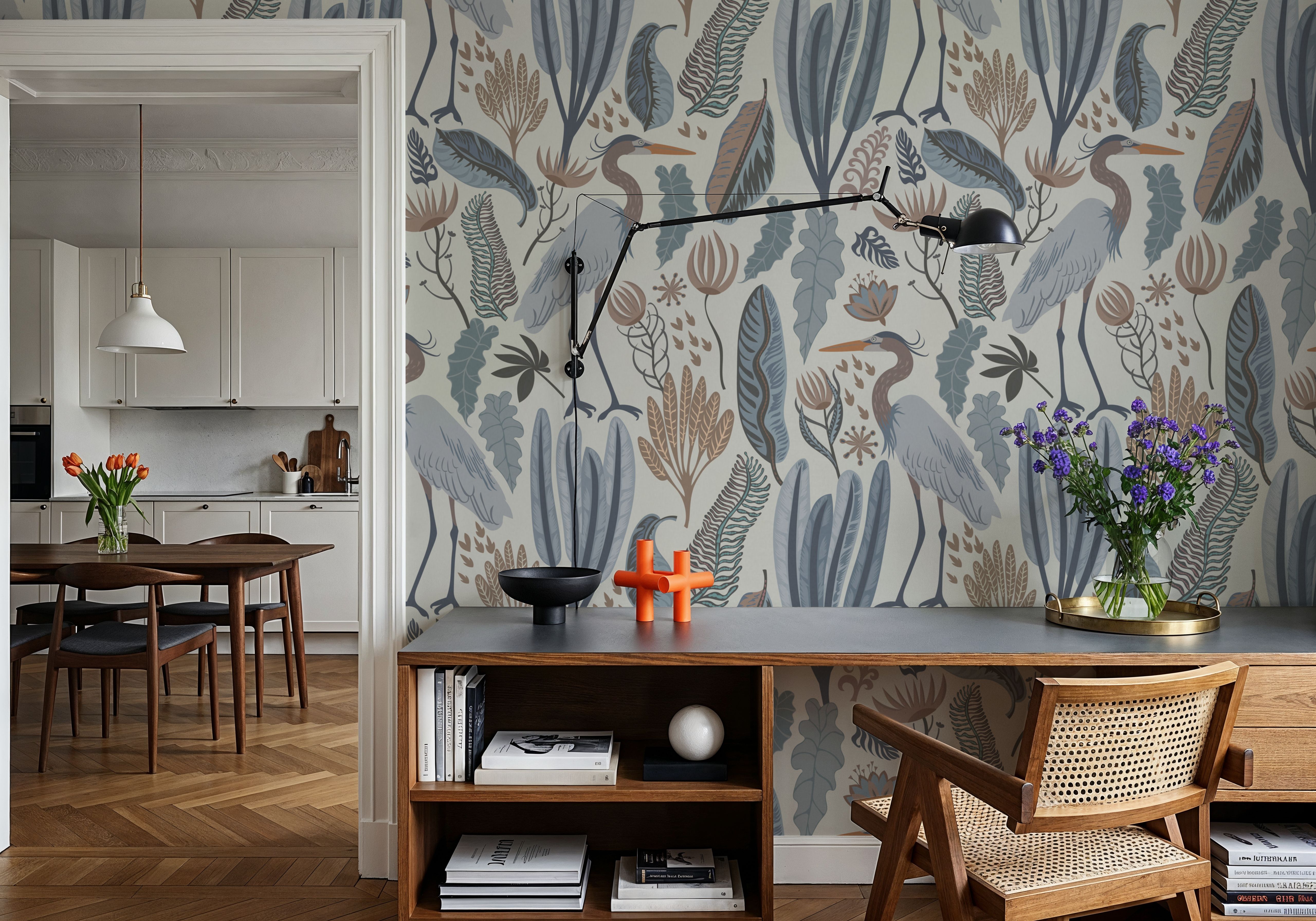 Heron & Plants Blue Cream, Behang