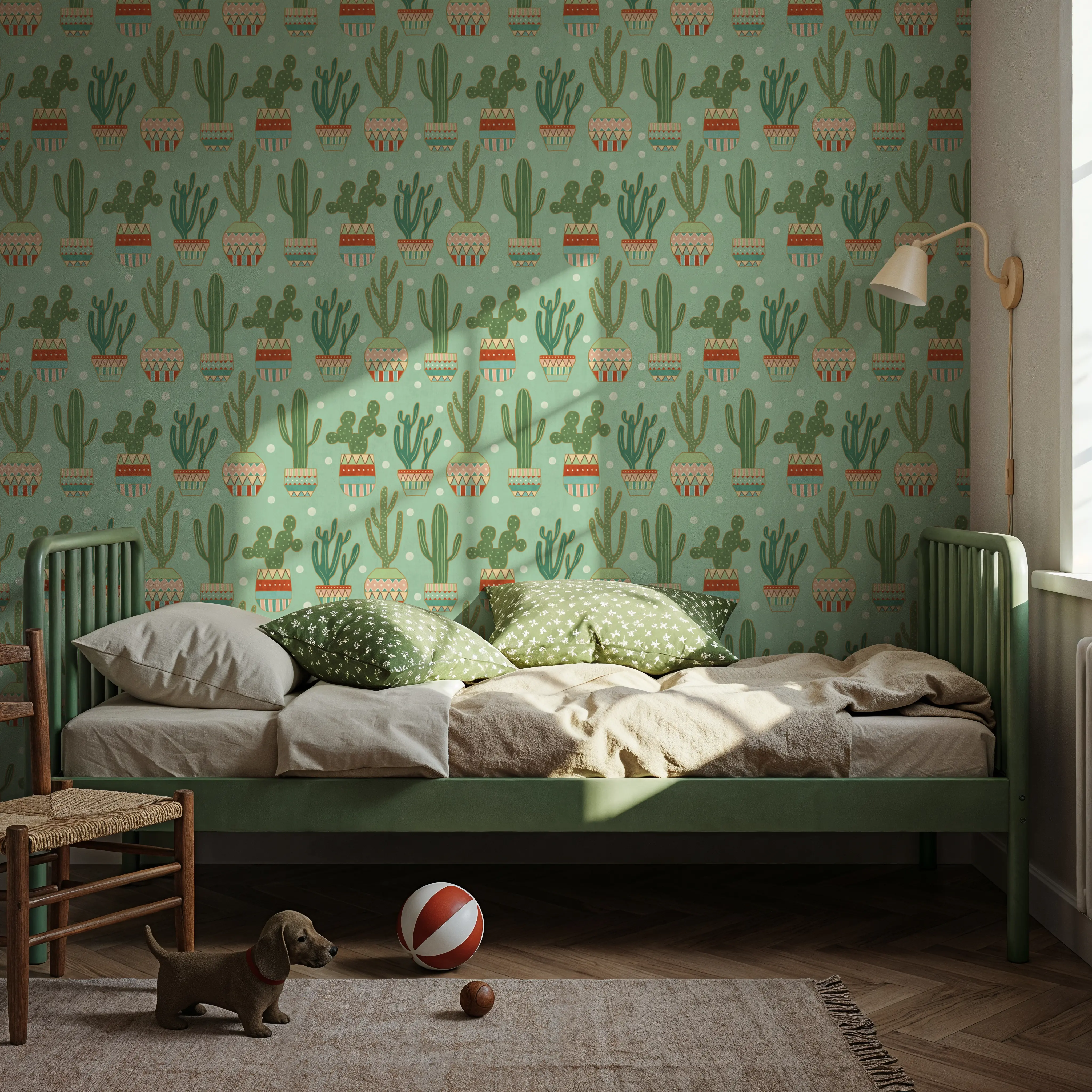 Wallpaper - Cacti Time Blue - Polka Dots Triangles - Green - Kids' Room - Wallism UK - Peel & Stick or Paste-the-Wall