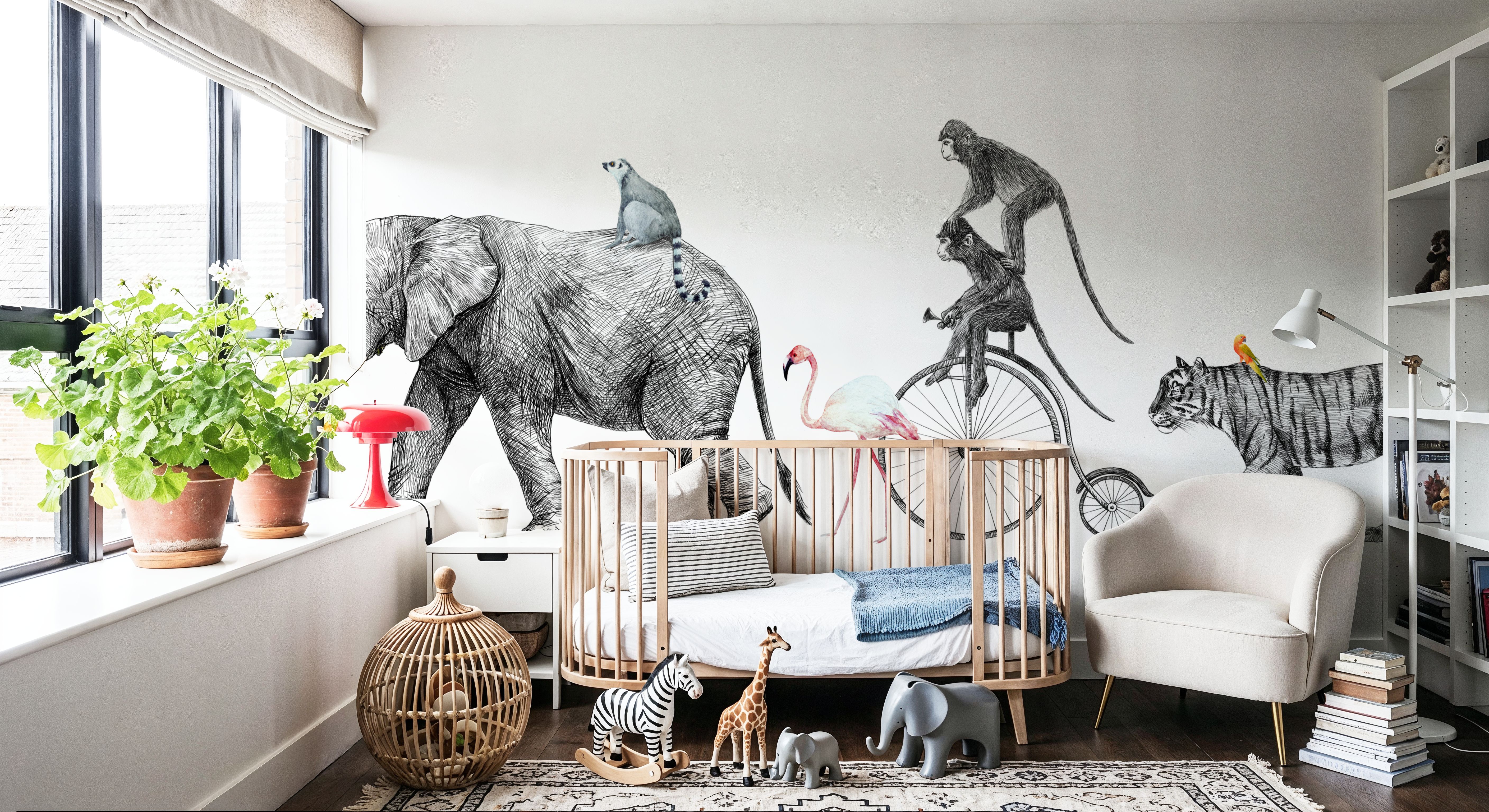 Fun Illustration of Elephant, Tiger & Monkeys on a Walk