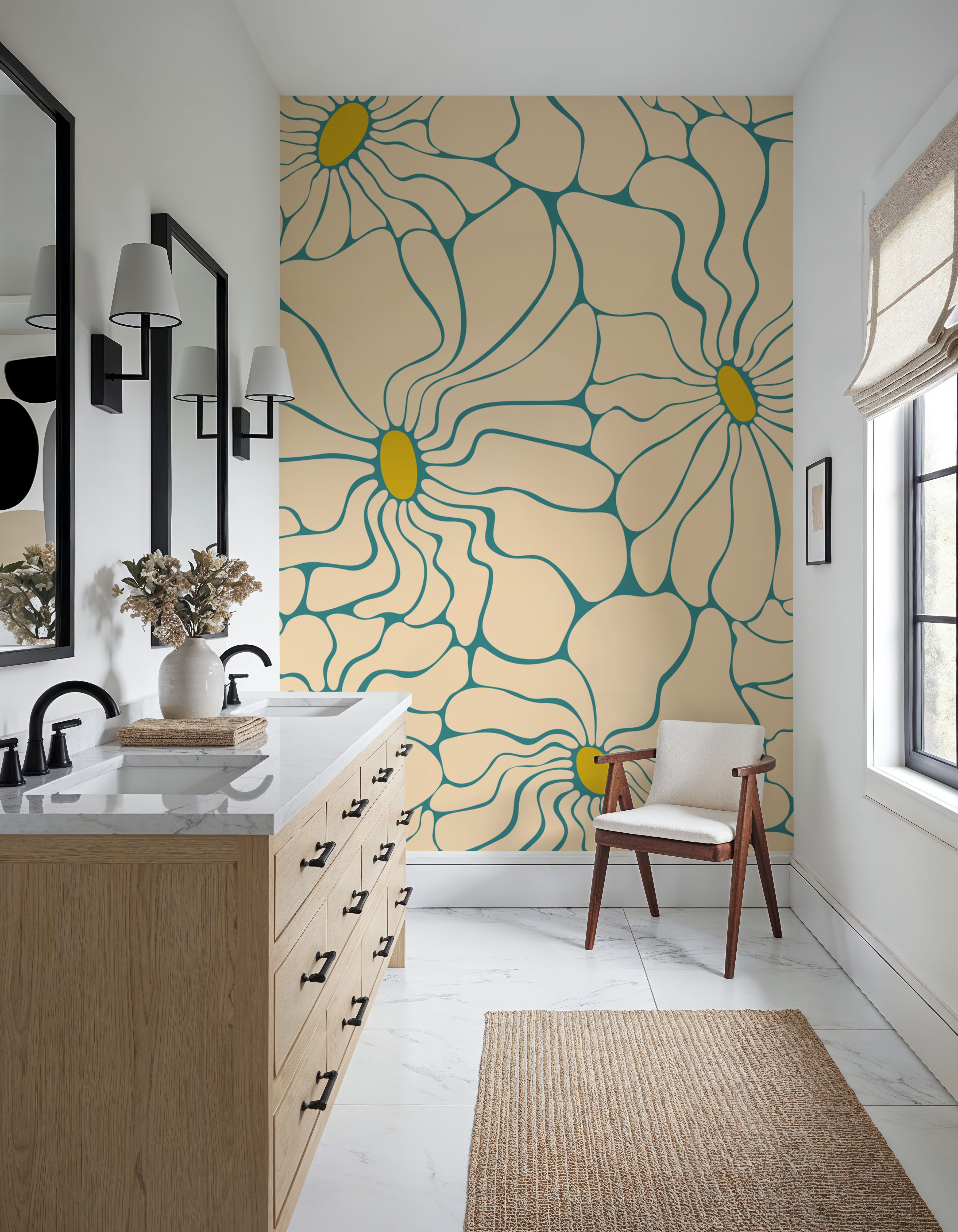 Cool Fluid Flowers Mural, Cream