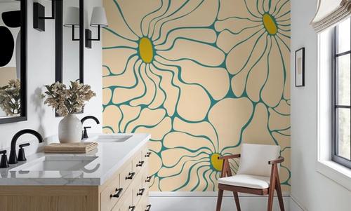 Cool Fluid Flowers Mural, Cream