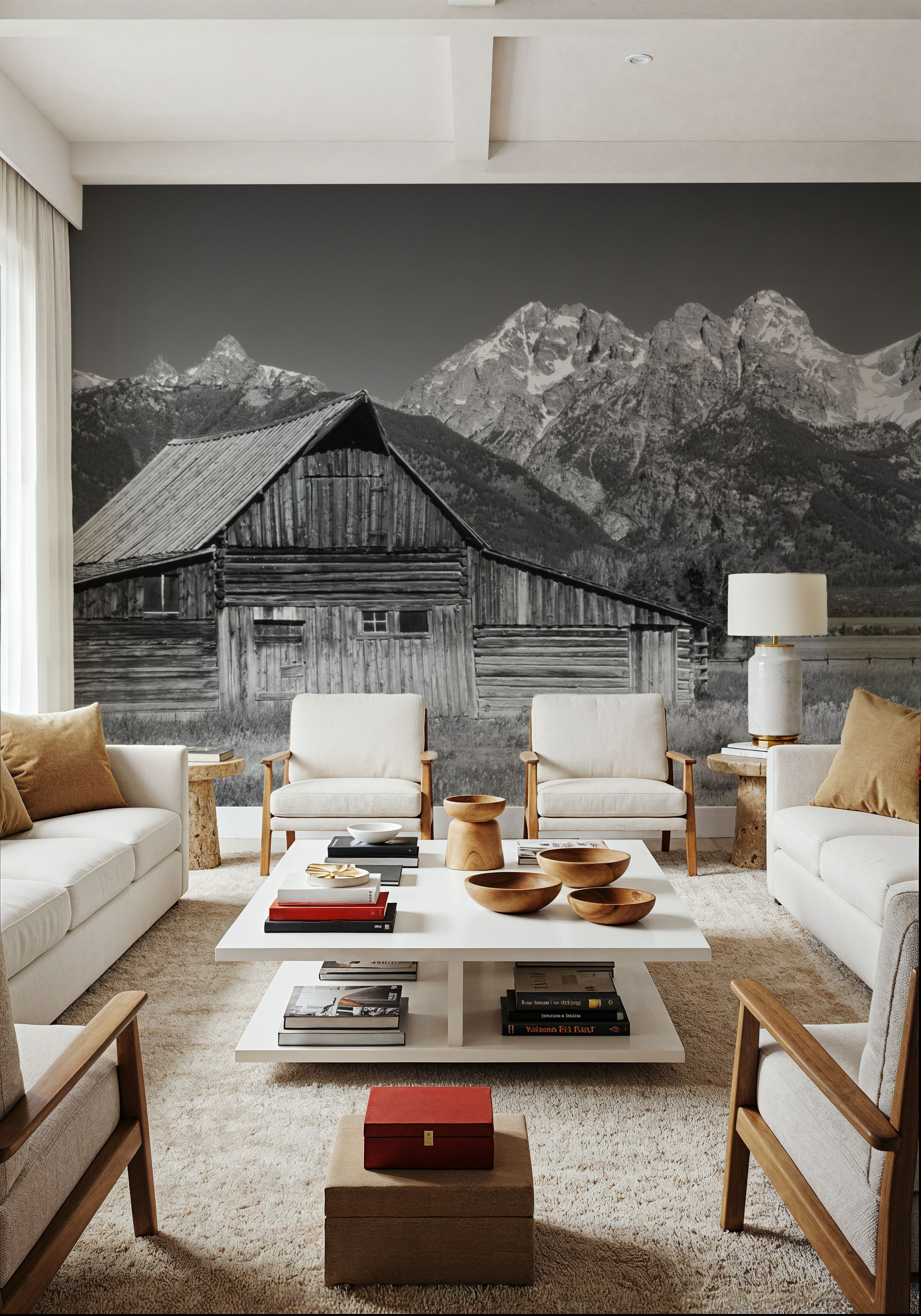 Fotobehang - Mountain Homestead Black & White - Bergen Platteland Mural - Grijs - Kantoorruimtes - Wallism Nederland - Zelfklevend of Vliesbehang