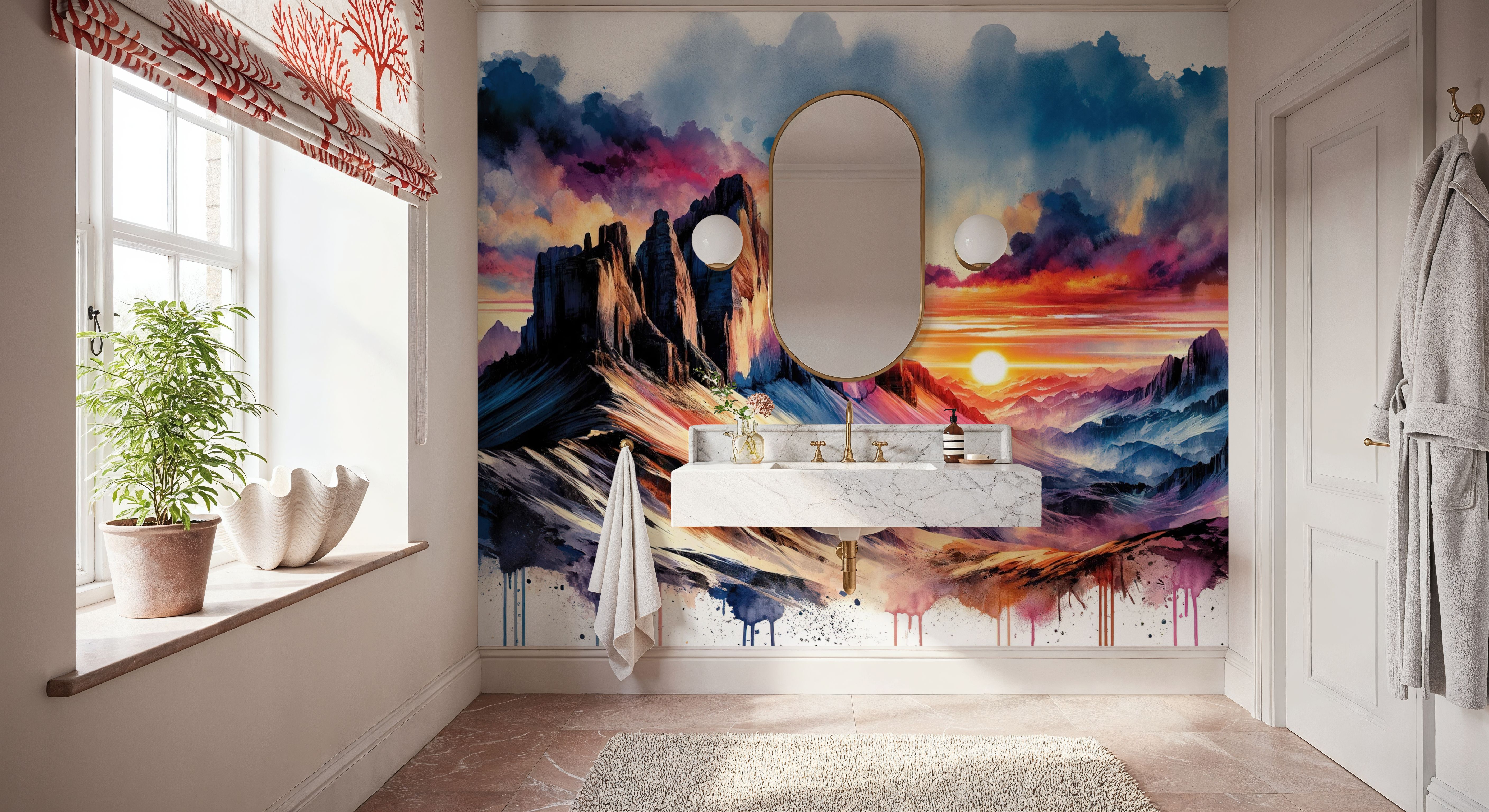 Watercolor Mountains Landscape At Sunset, Wallpaper