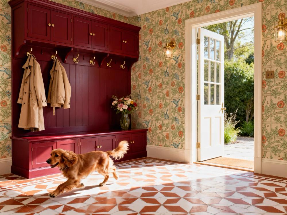 A photo of a mud room interior with dark red cabinets, a cocker spaniel runner over the floor and william morris wallpaper on the walls