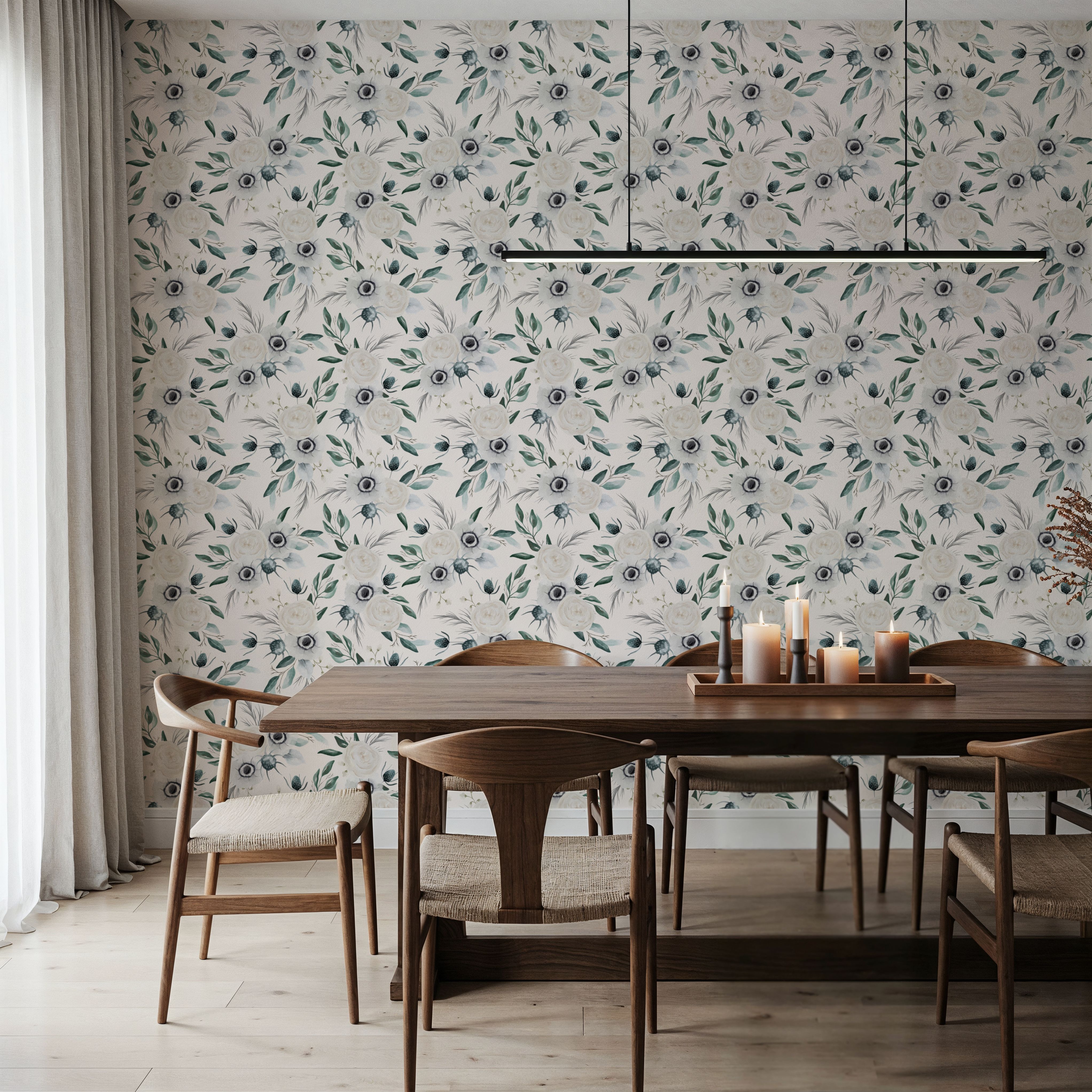 Wallpaper - Anemones And Thistles White - Floral Nature - Bedroom - Wallism US - Premium, Textured or Peel & Stick