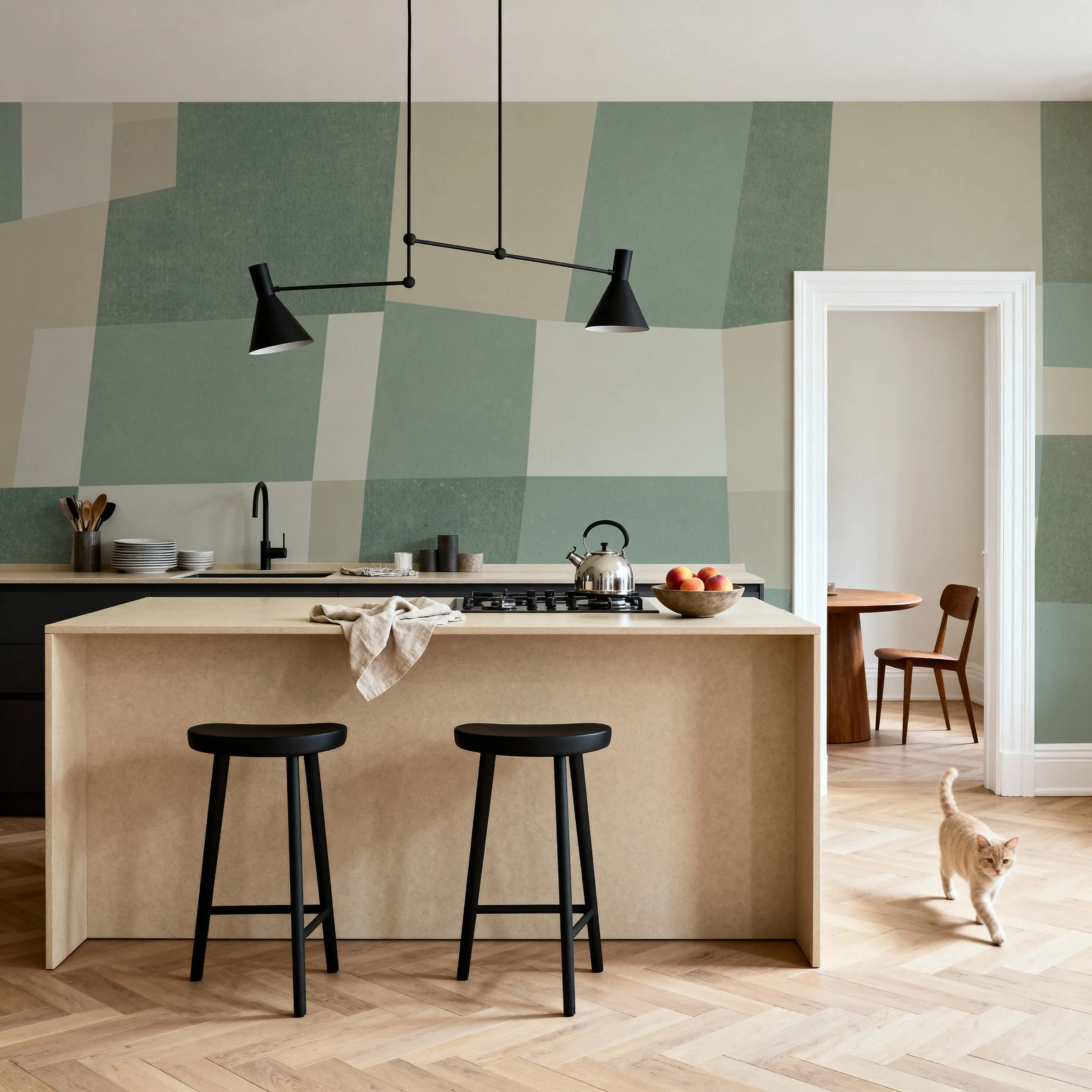 Papier Peint Panoramique - Abstract Fields, Green - Abstrait Carrés - Vert - Bureaux - Wallism Belgique - Encollage au mur ou Autocollant