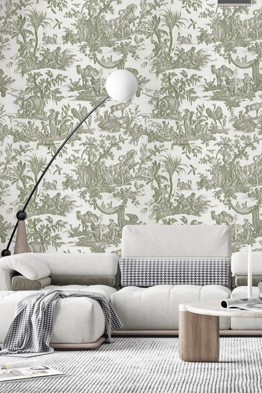 Patinated Linen Toile de Jouy, Olive