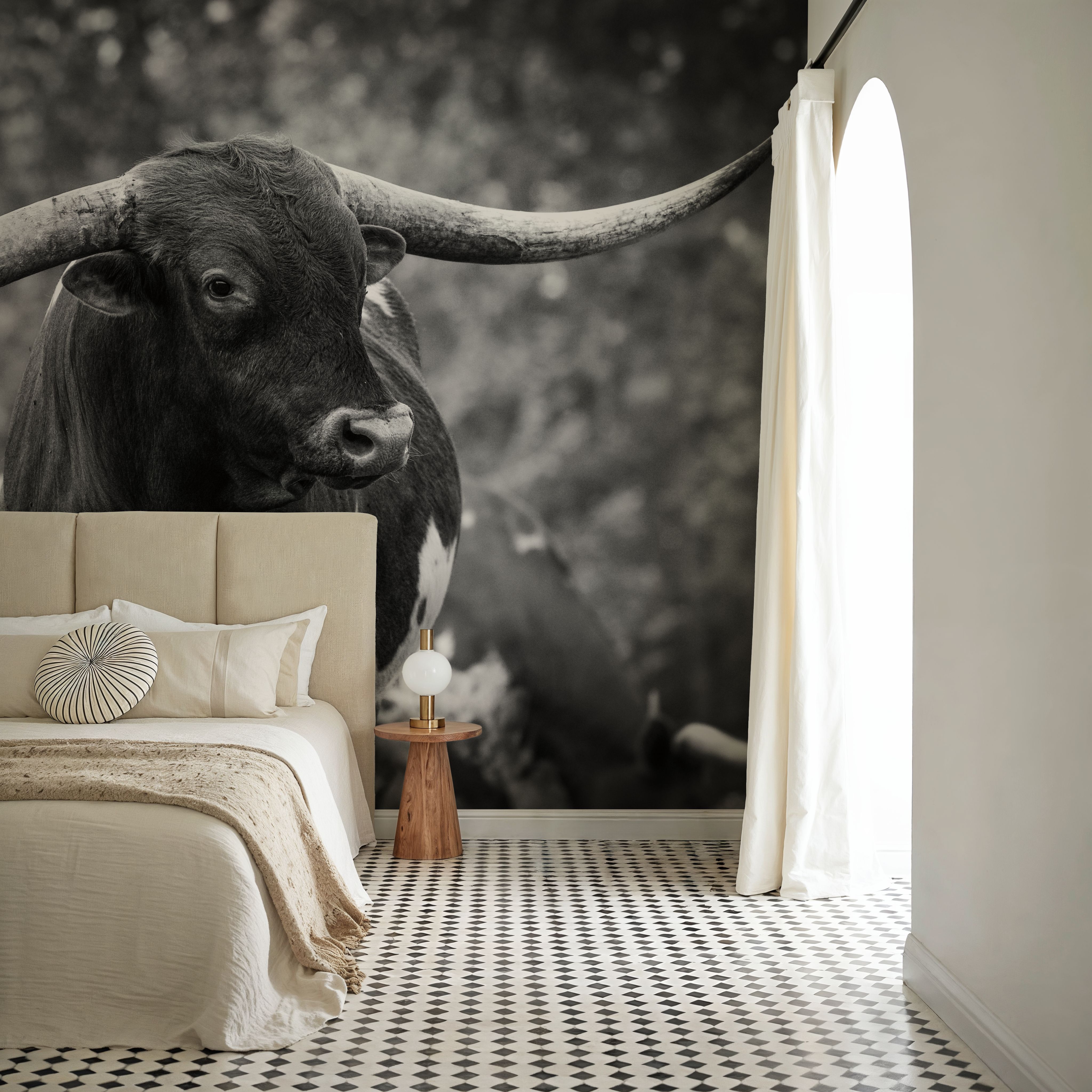 Wall Mural - Longhorn Gaze I BW - Farm Animals mural wallpaper - Gray - Hallway staircases - Wallism UK - Premium, Textured or Peel & Stick