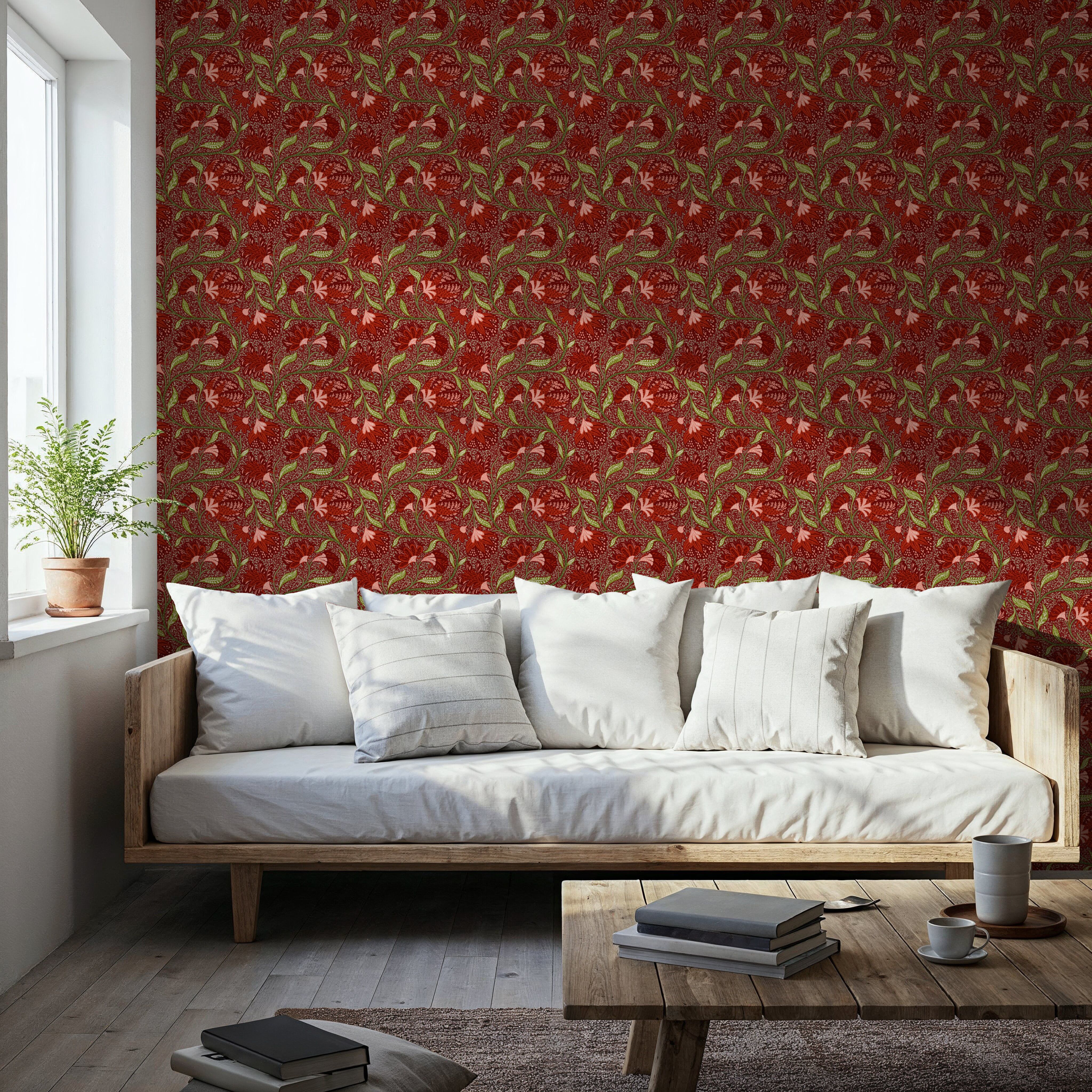 Indial Floral, Vermilion on Maroon