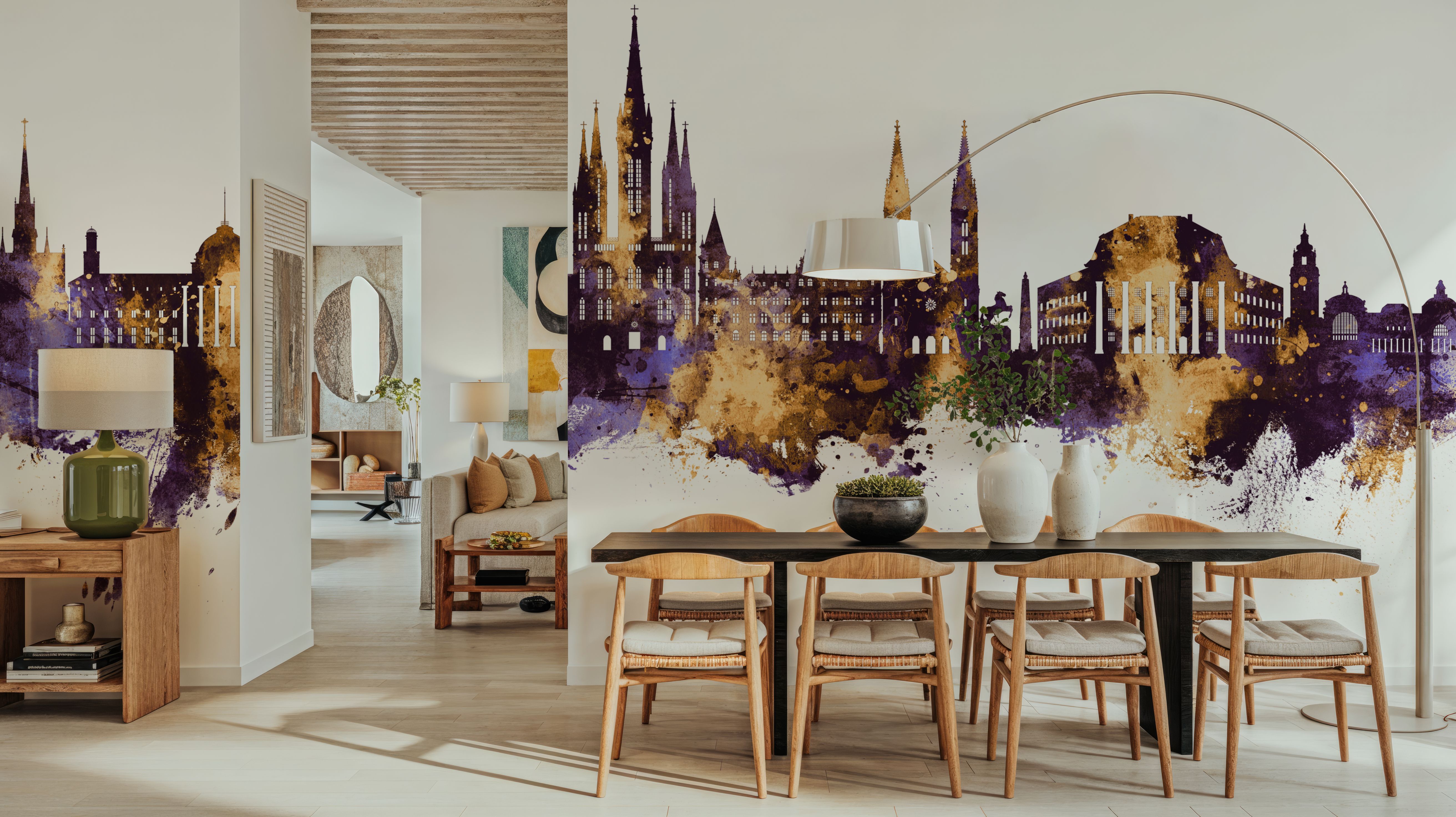 Weisbaden Germany Skyline Purple & Gold, Behang