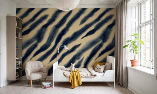Watercolor Tiger Stripes, Blue on Beige