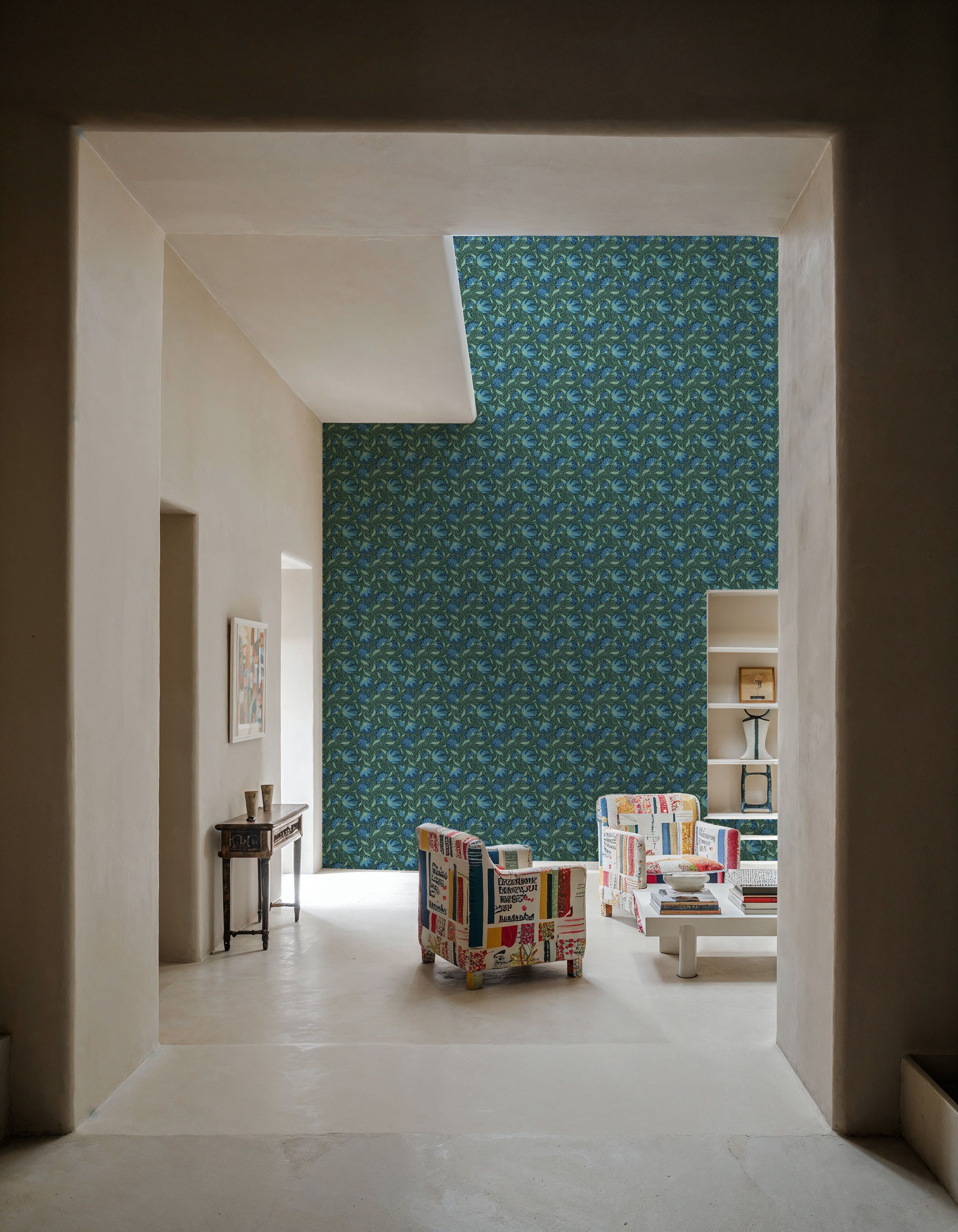 Indial Floral, Teal on Forest