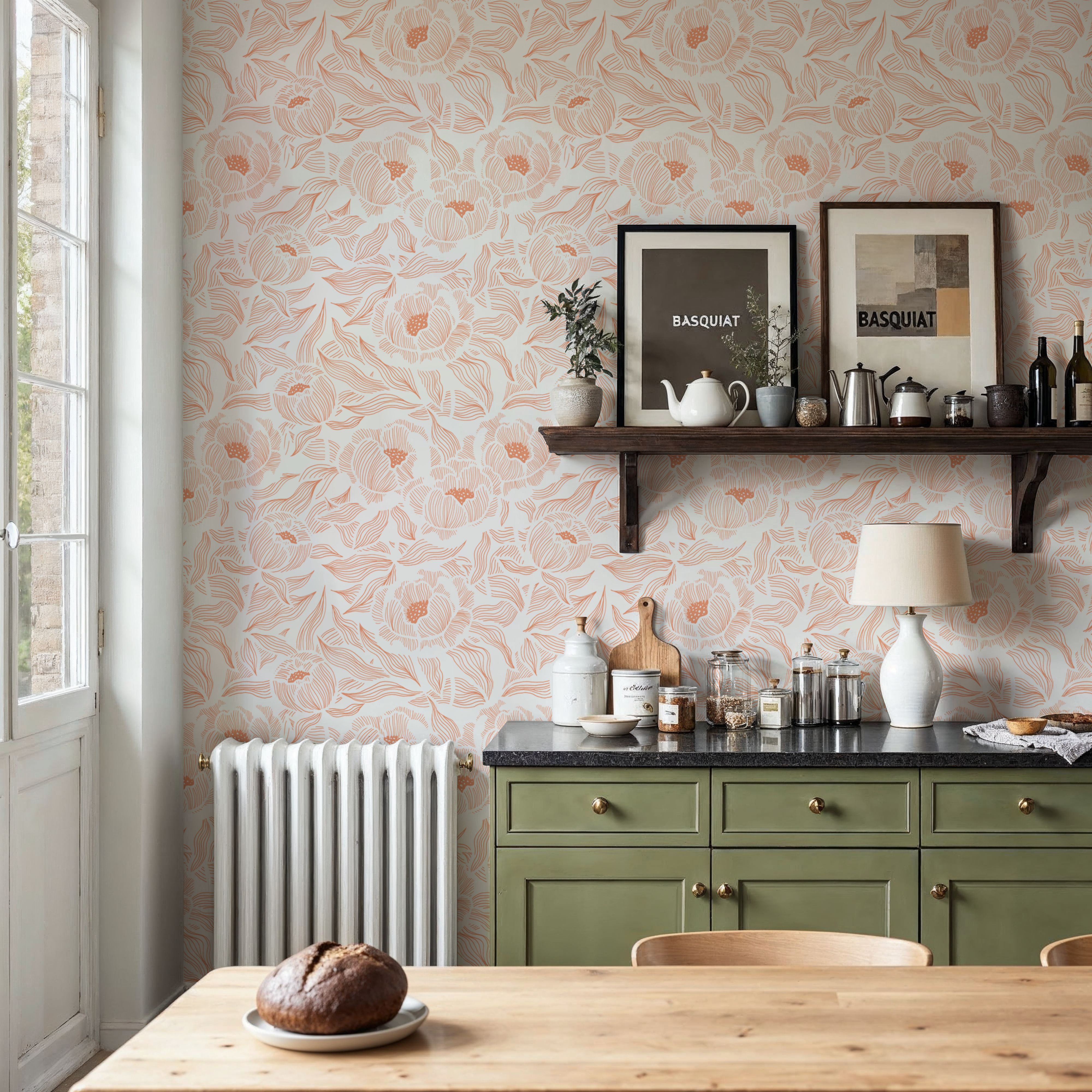 Hidden Peonies, Orange on White, Wallpaper