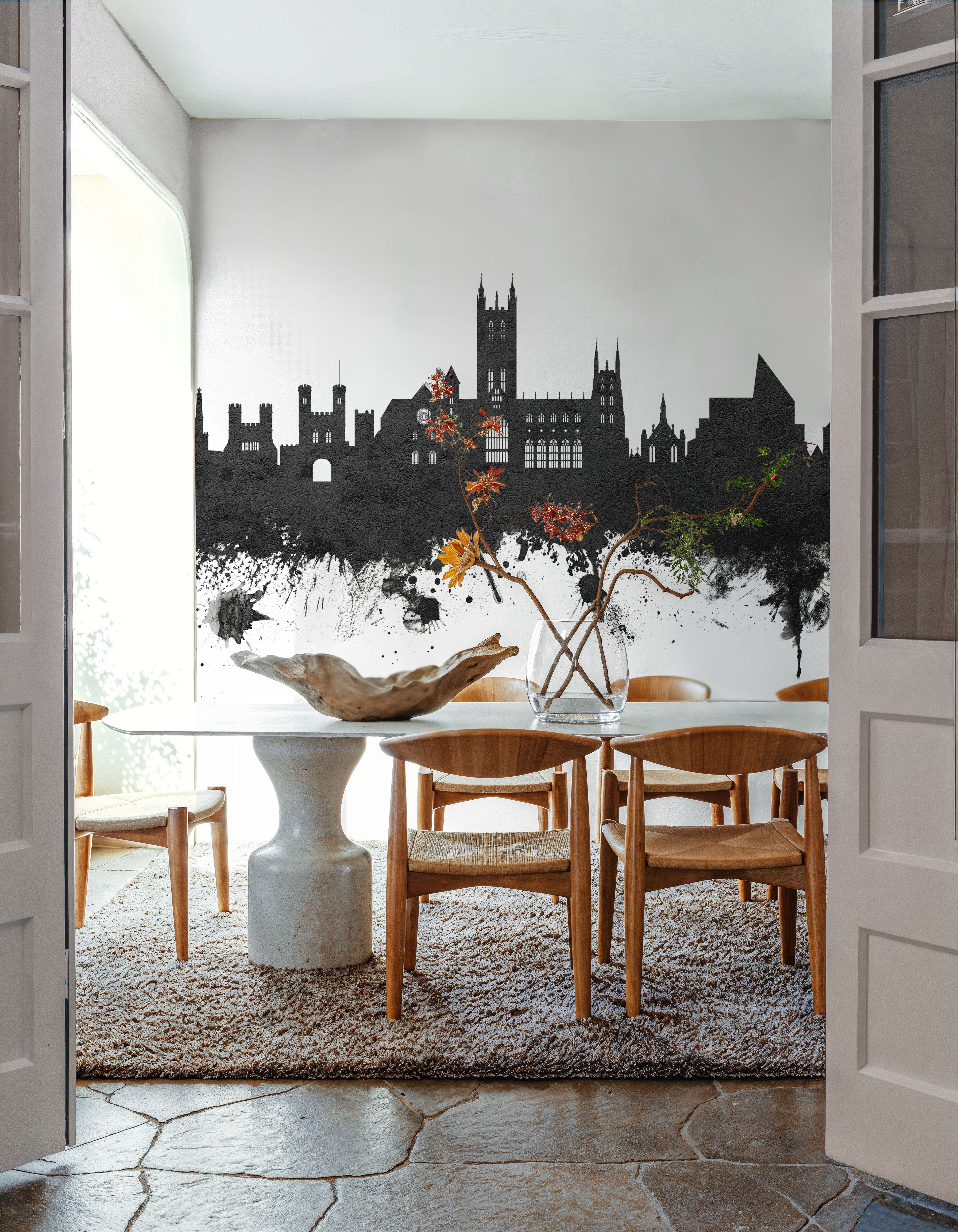 Wall Mural - Canterbury England Skyline Black & White - Architecture Graphics mural wallpaper - Gray - Offices - Wallism UK