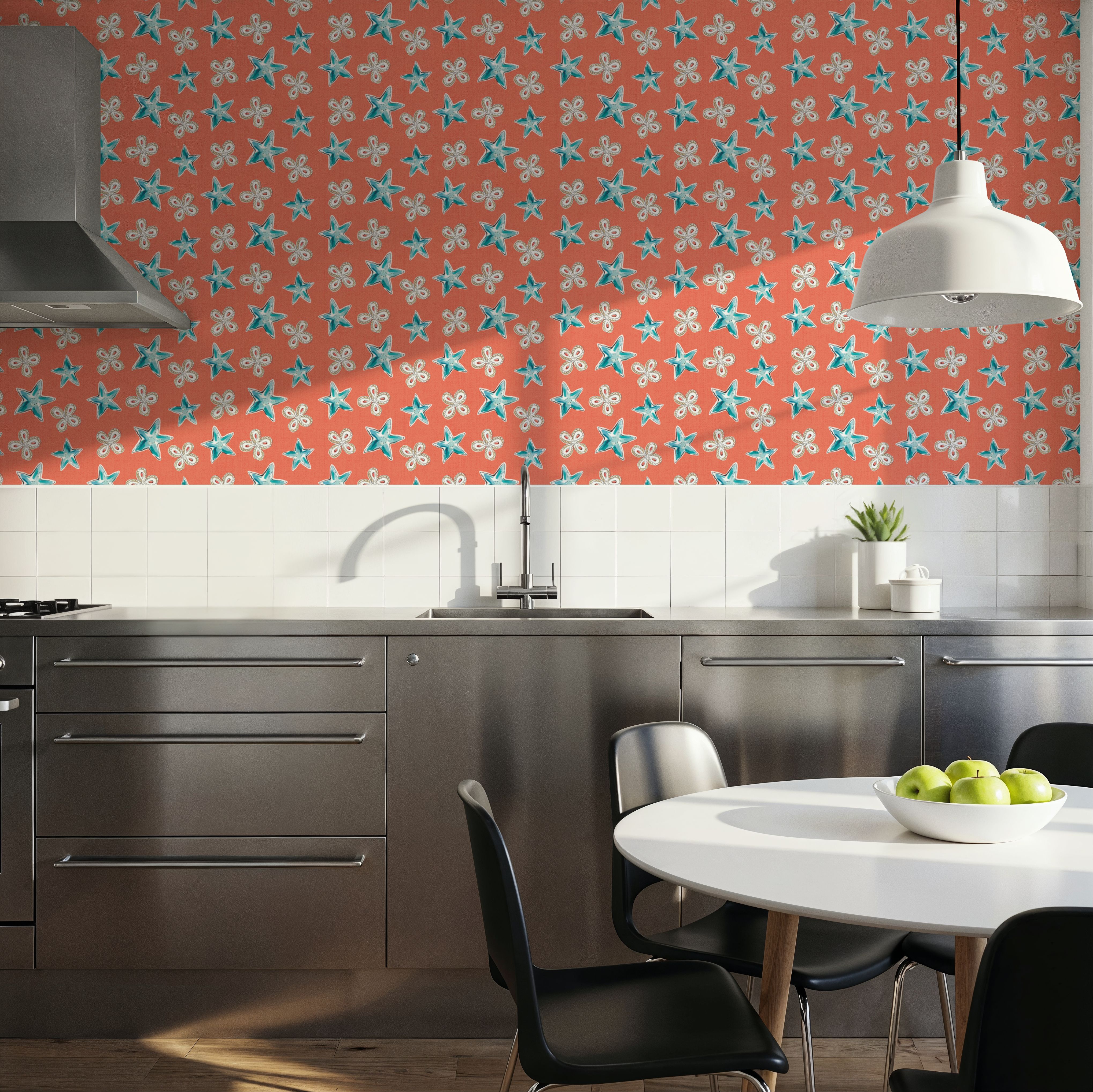 Maritime Stars Blue on Red, Tapeten