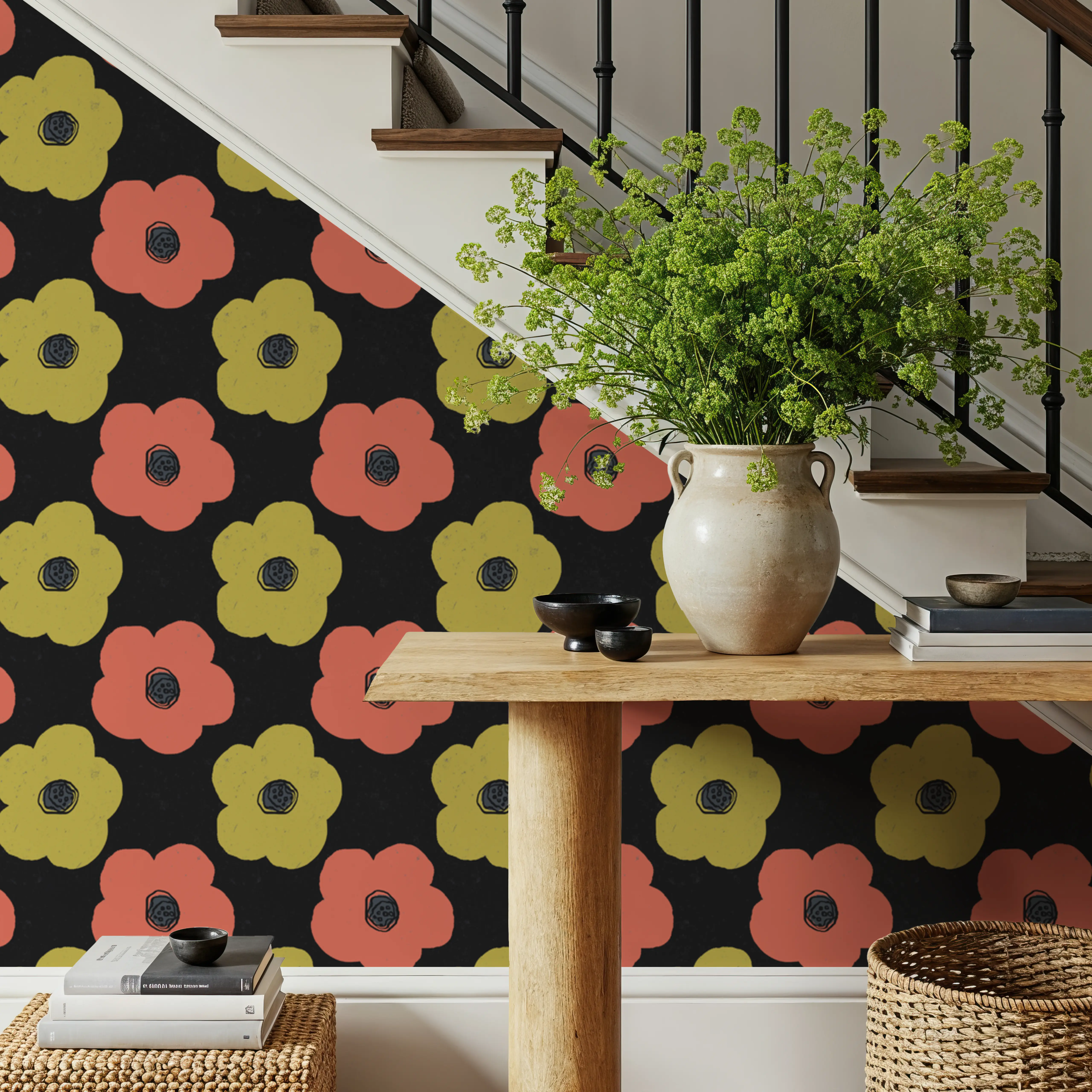Wallpaper - Happy Garden Daisies - Floral Nature - Orange - Offices - Wallism UK - Peel & Stick or Paste-the-Wall