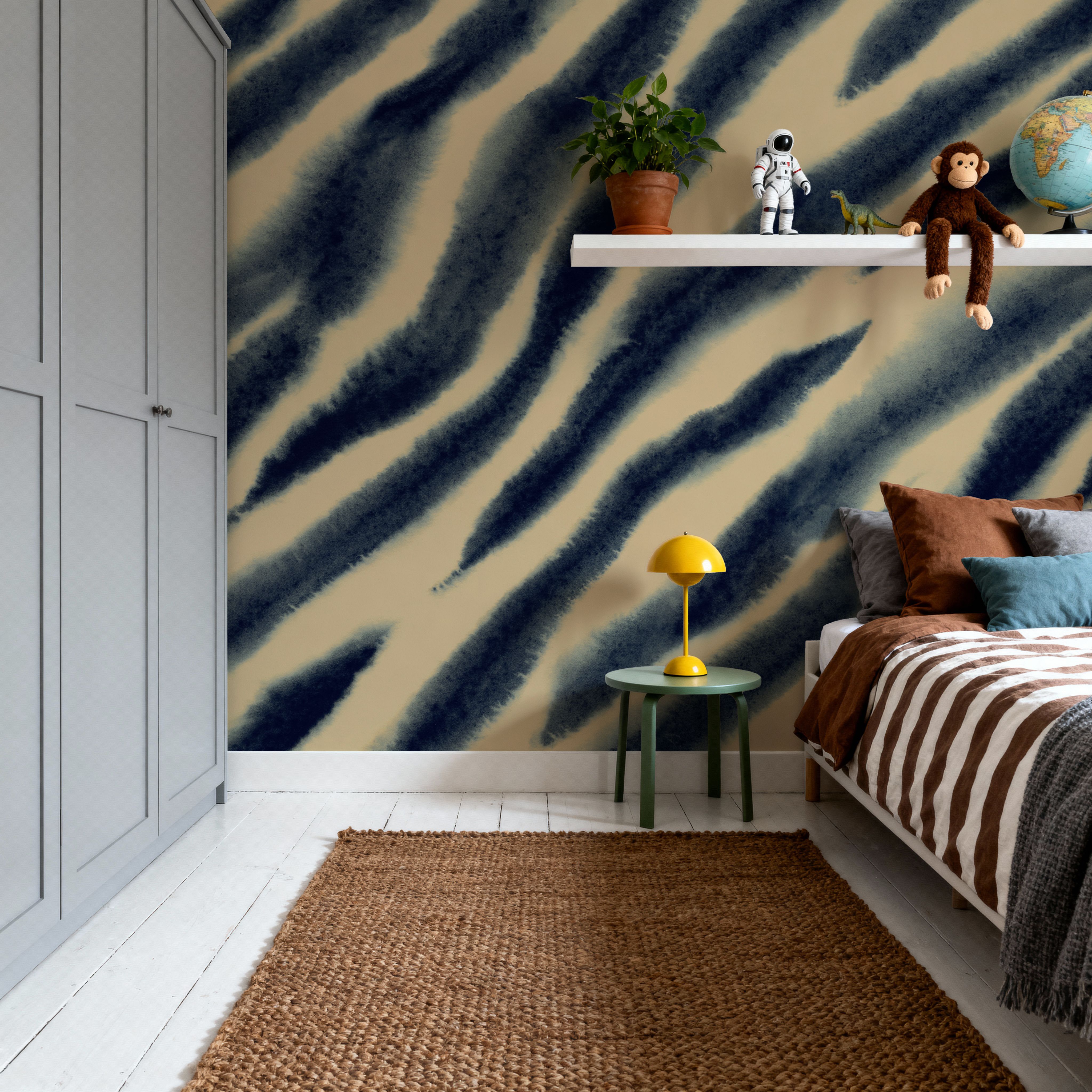 Watercolor Tiger Stripes, Blue on Beige