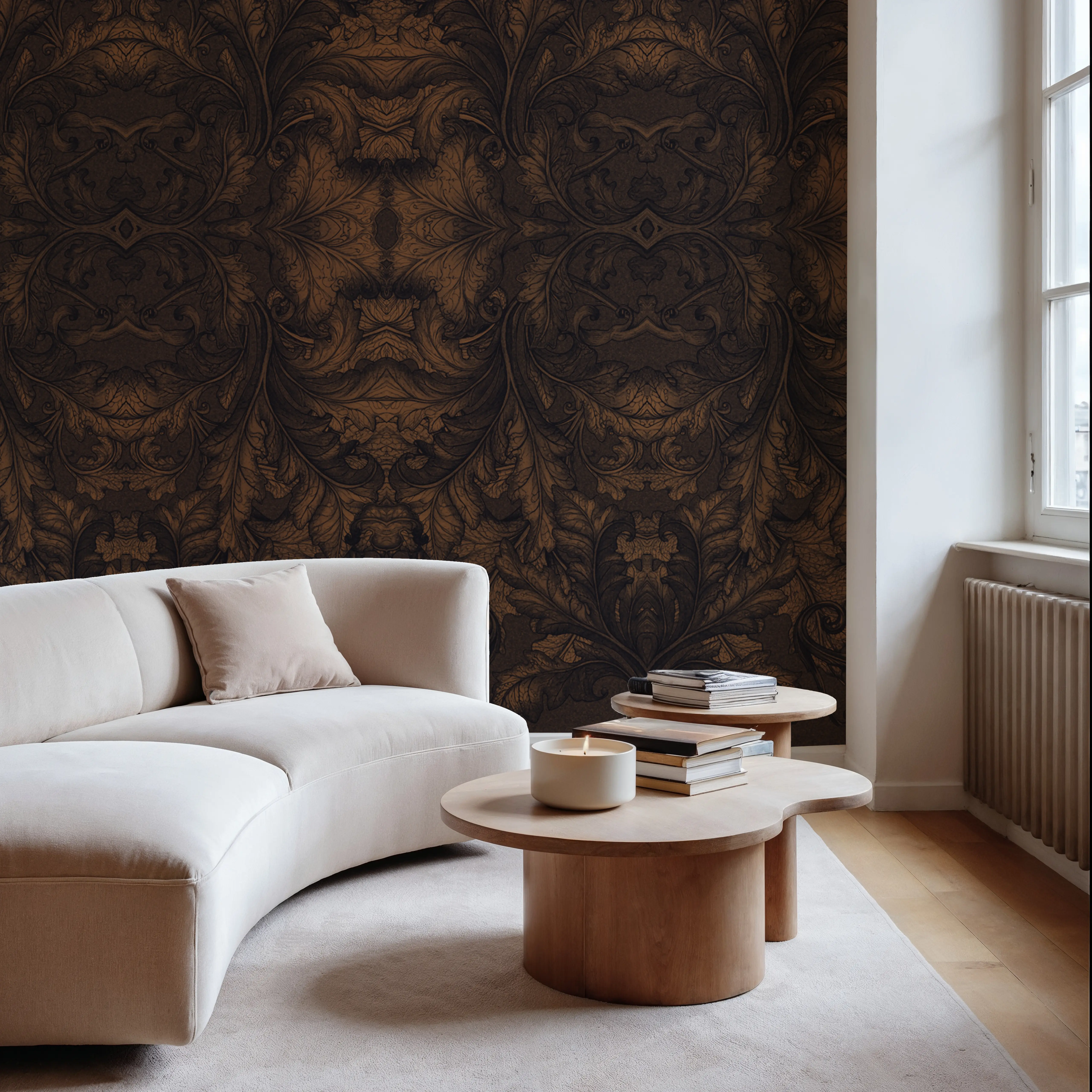 Fotobehang - Royal Hall Brown - Damast Folk Mural - Bruin - Woonkamer - Wallism België - Zelfklevend of Vliesbehang