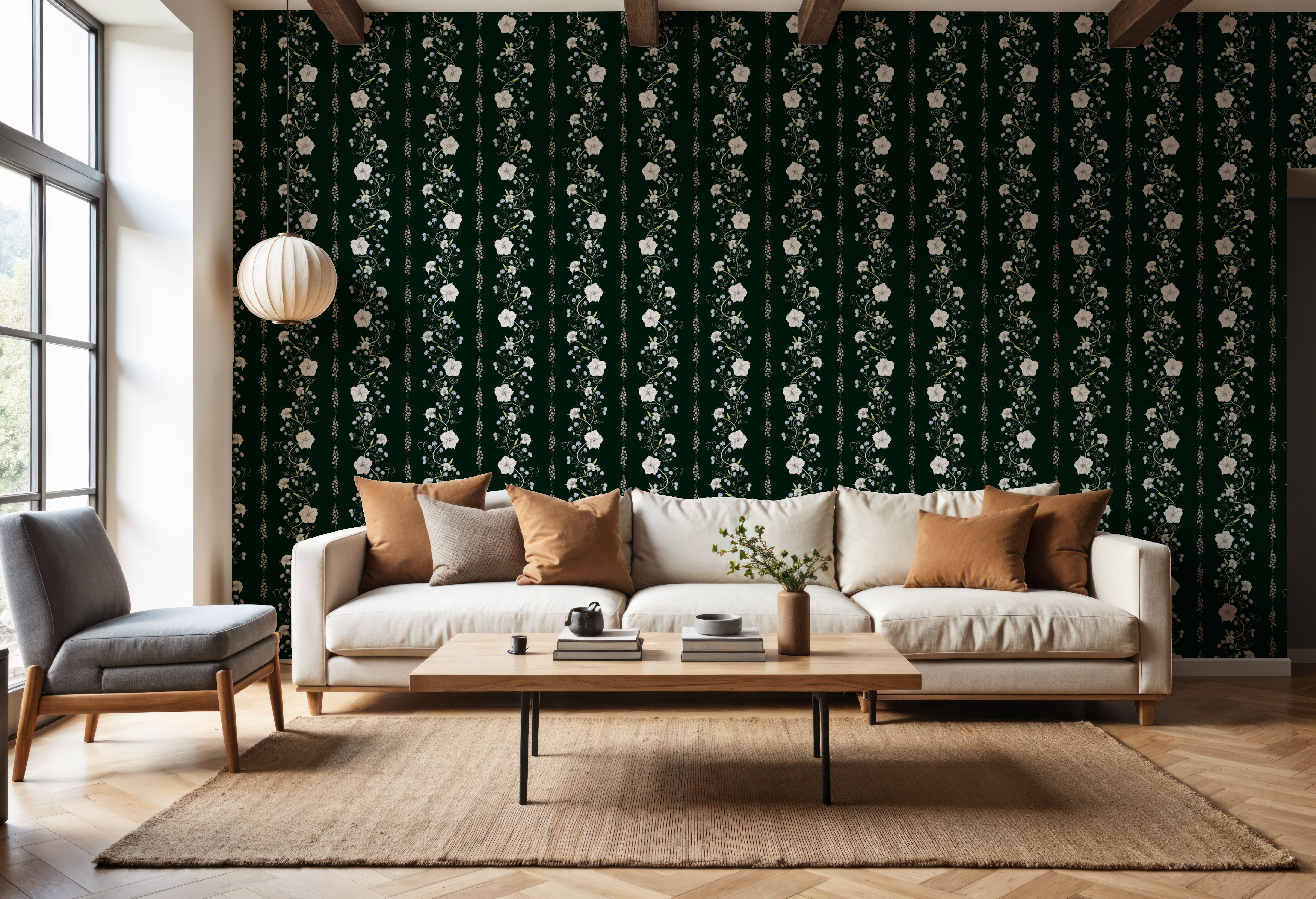 Trailing Flower Stripe, Dark Green, Tapet