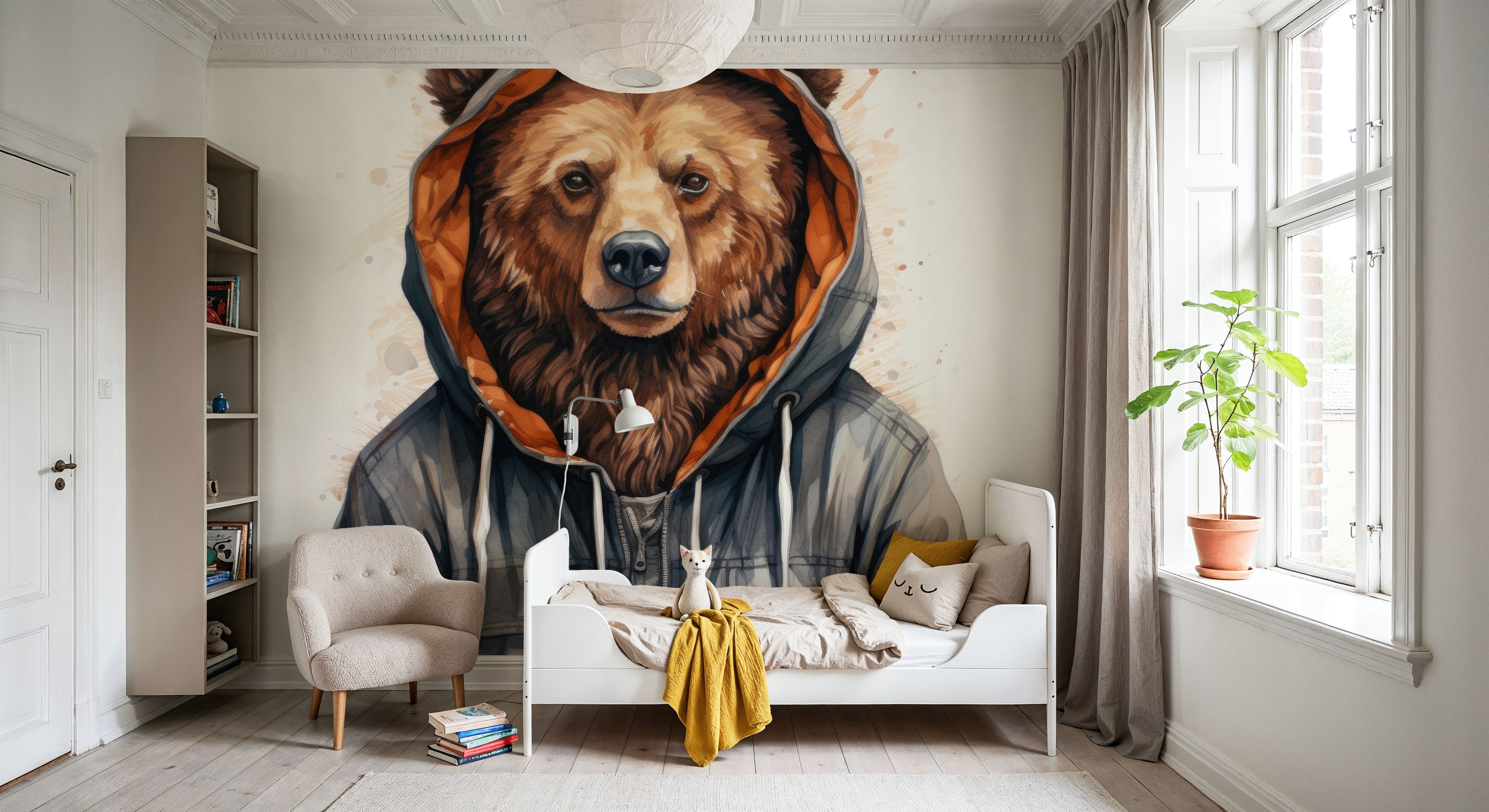 Watercolor Cartoon Grizzly Bear in a Hoodie