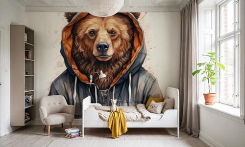 Watercolor Cartoon Grizzly Bear in a Hoodie