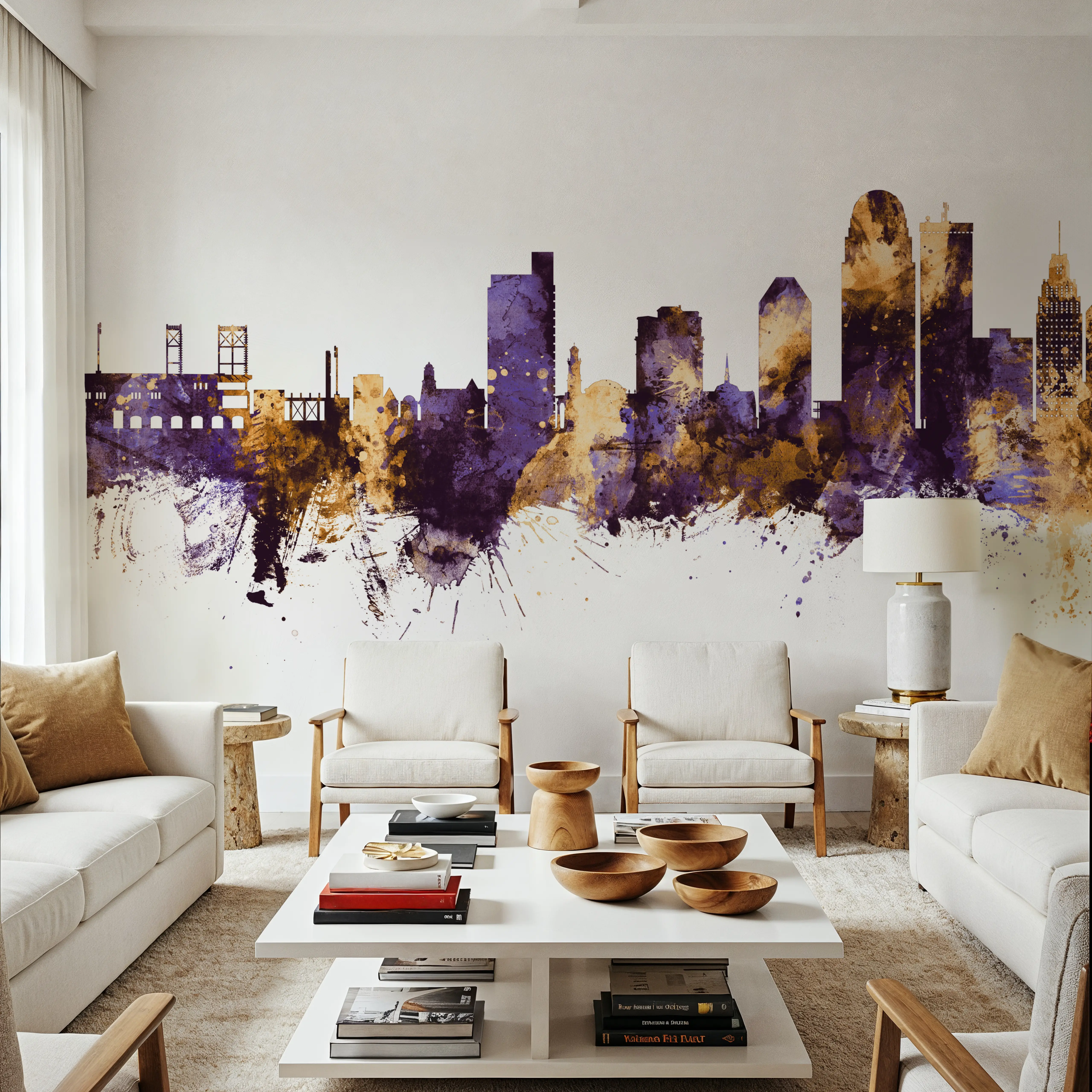 Papier Peint Panoramique - Winston-Salem North Carolina Skyline Purple & Gold - Abstrait - Violet - Salon - Wallism Belgique