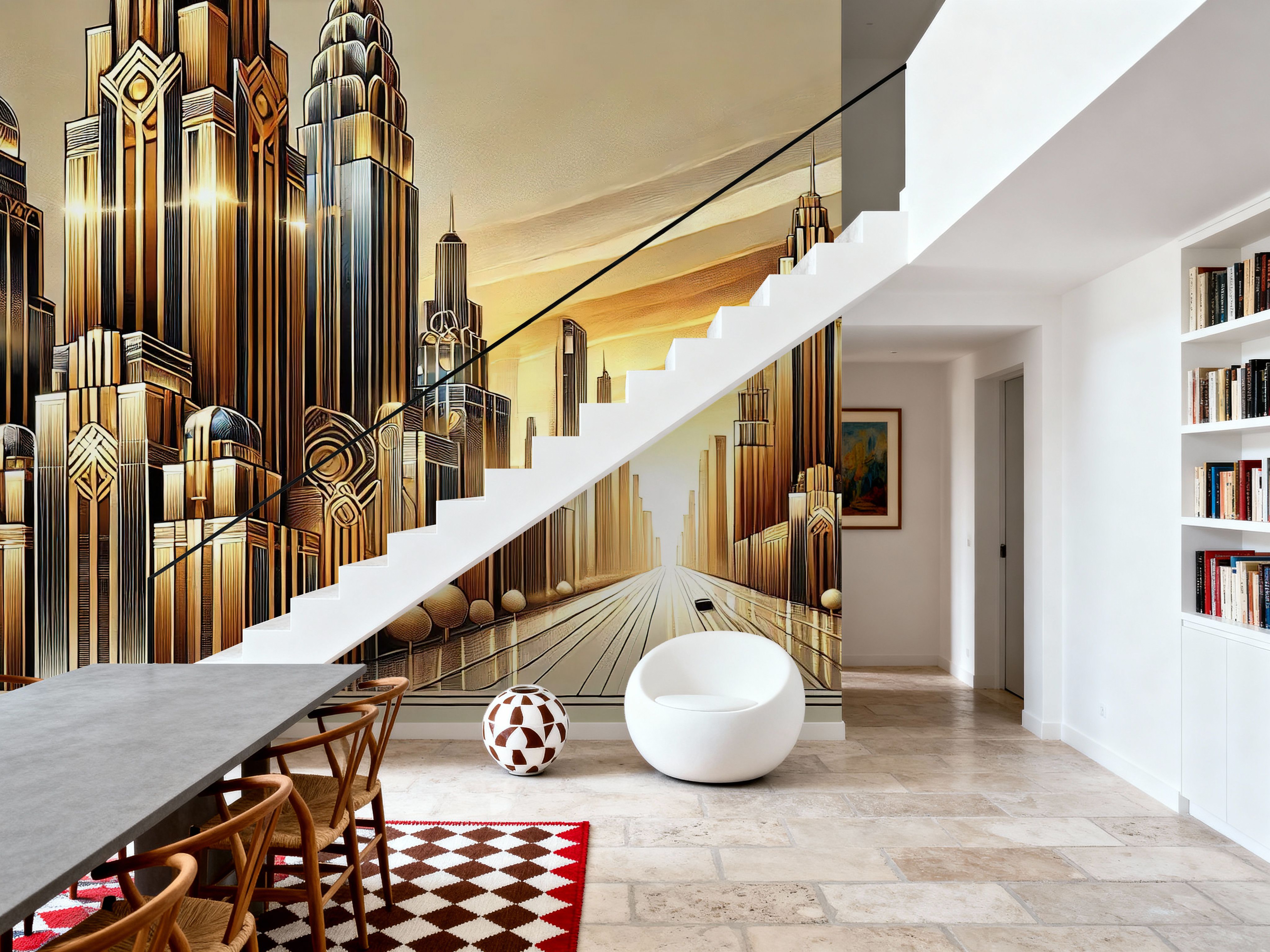 Golden City Skyline at Sunset in Art Deco
