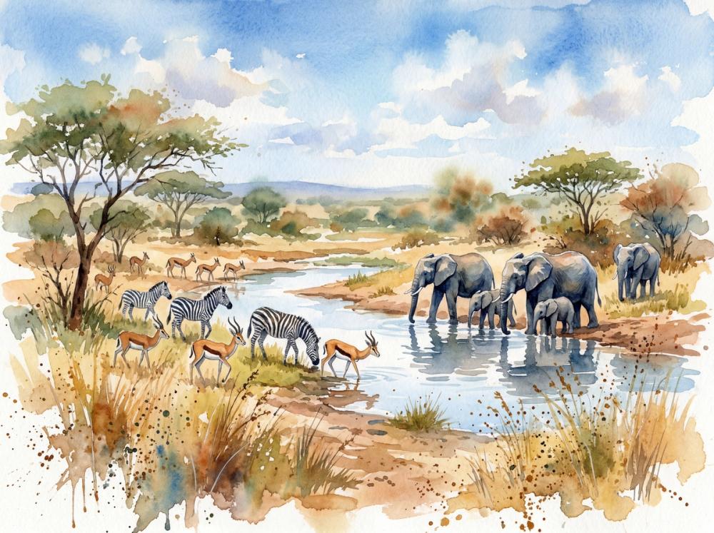 Savannah Water Hole - Watercolor Landscapes Series