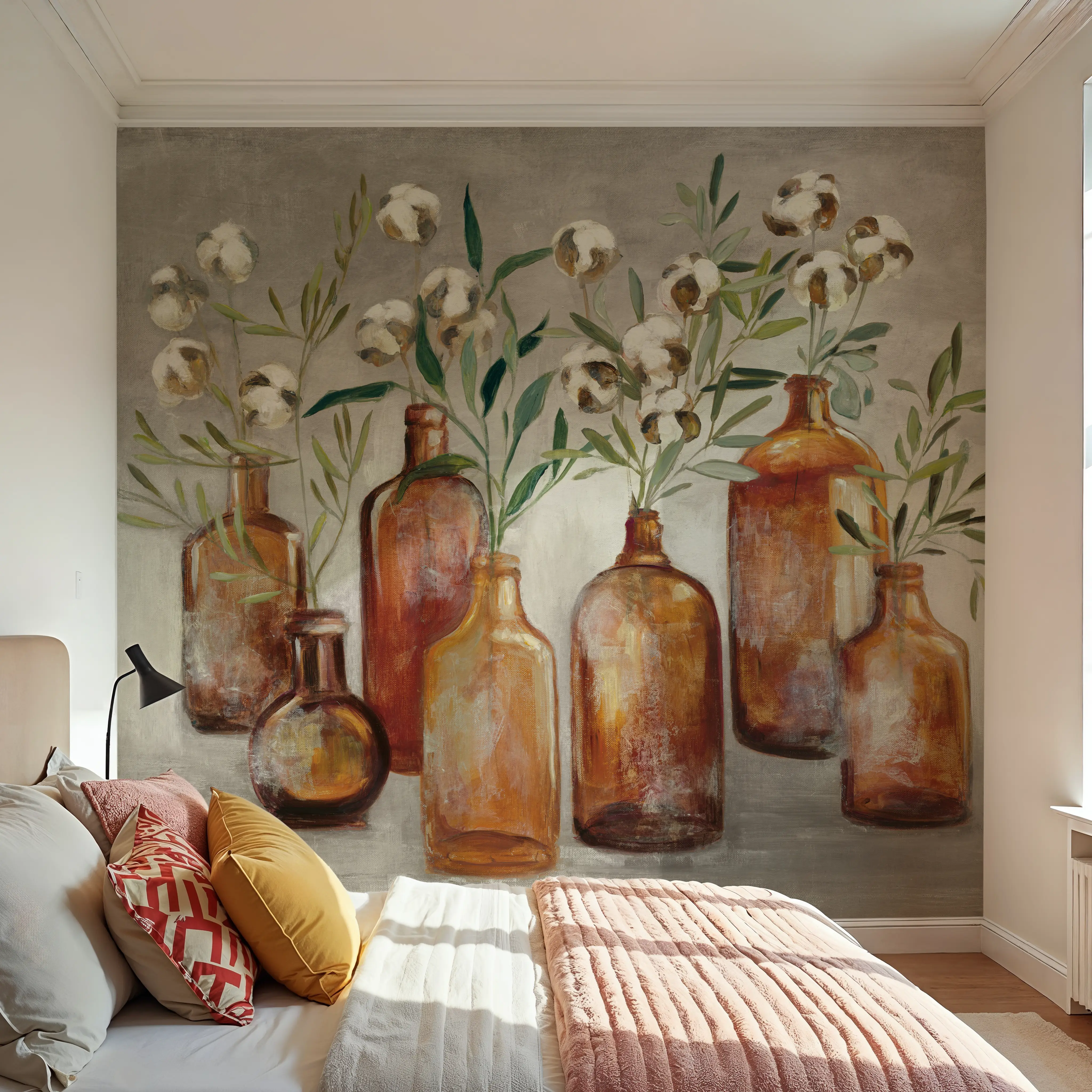 Papier Peint Panoramique - Still Life Flasks - Floral Nature - Marron - Salle à manger - Wallism Belgique - Encollage au mur ou Autocollant