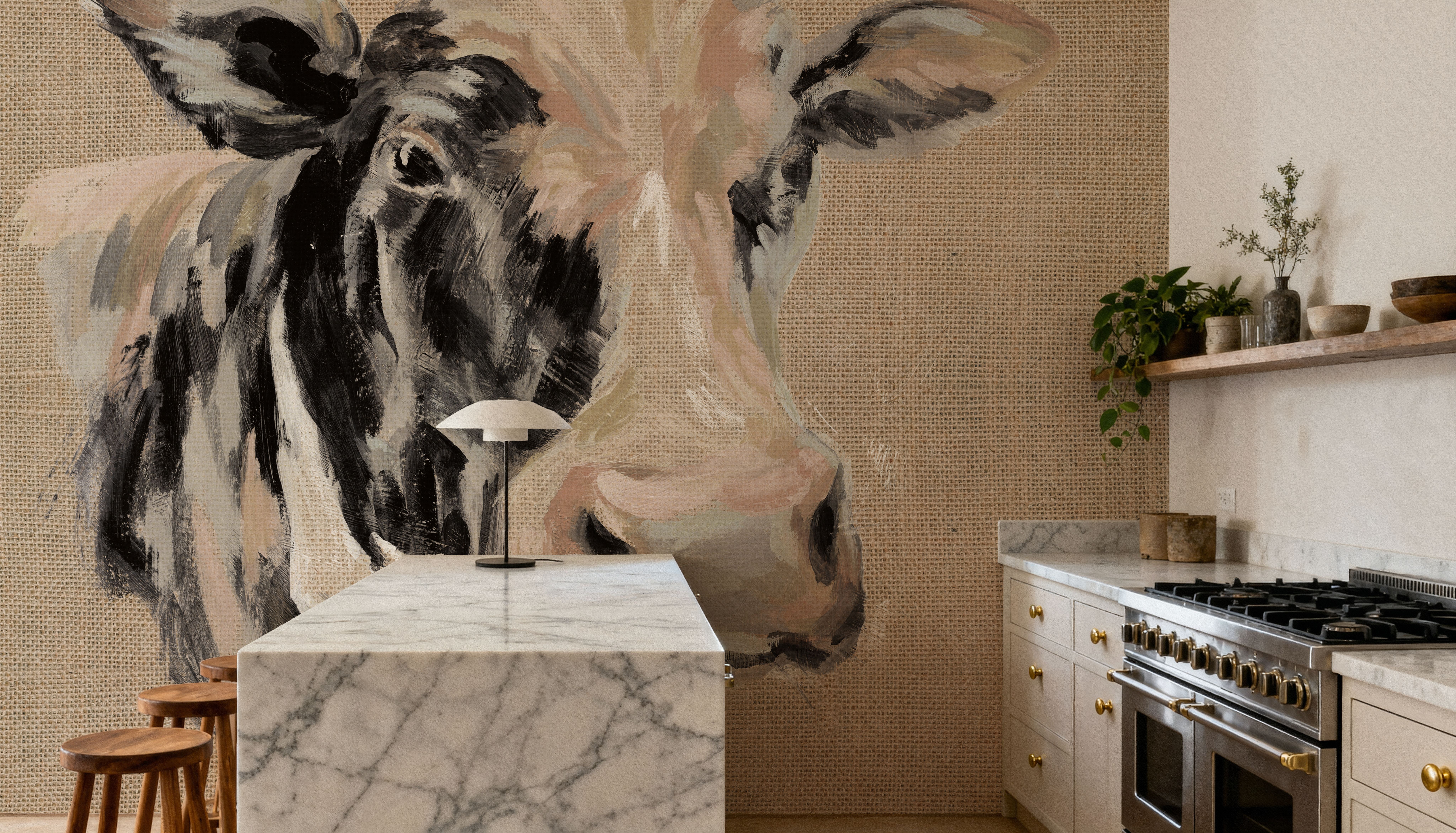 Expressionistic Cow I Neutral Burlap
