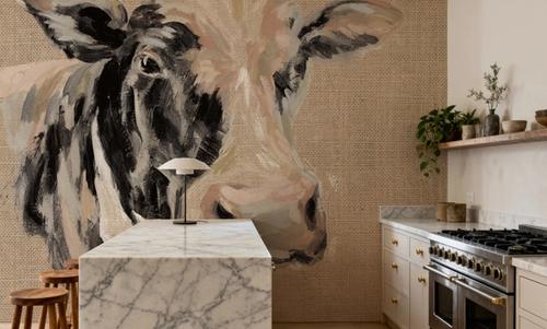 Expressionistic Cow I Neutral Burlap
