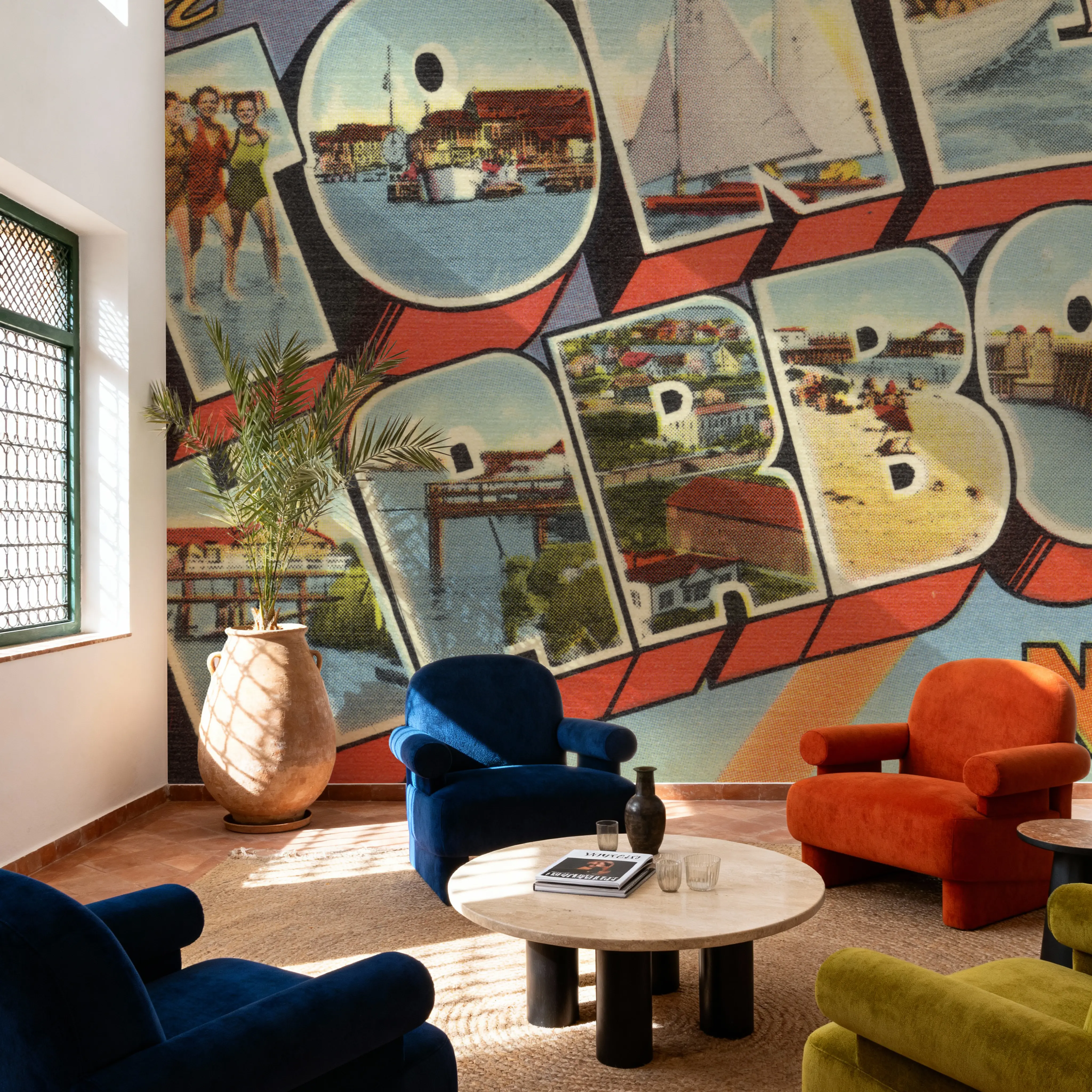 Fotobehang - Greetings from Stone Harbor - Screenprint Postcard - Strand Landschappen Mural - Blauw - Slaapkamers - Wallism België