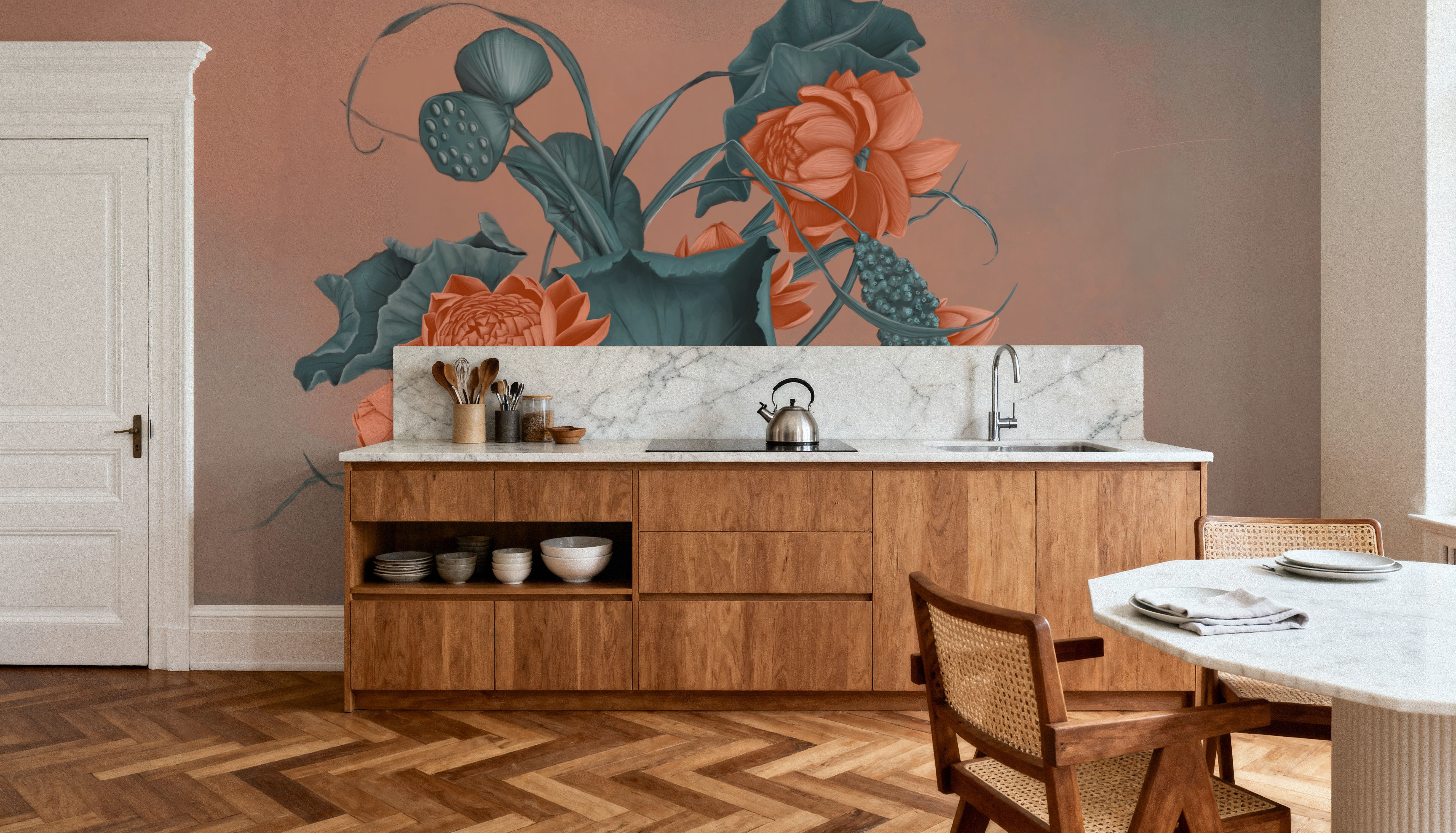 Humble Blooms - Peach and Teal, Wallpaper