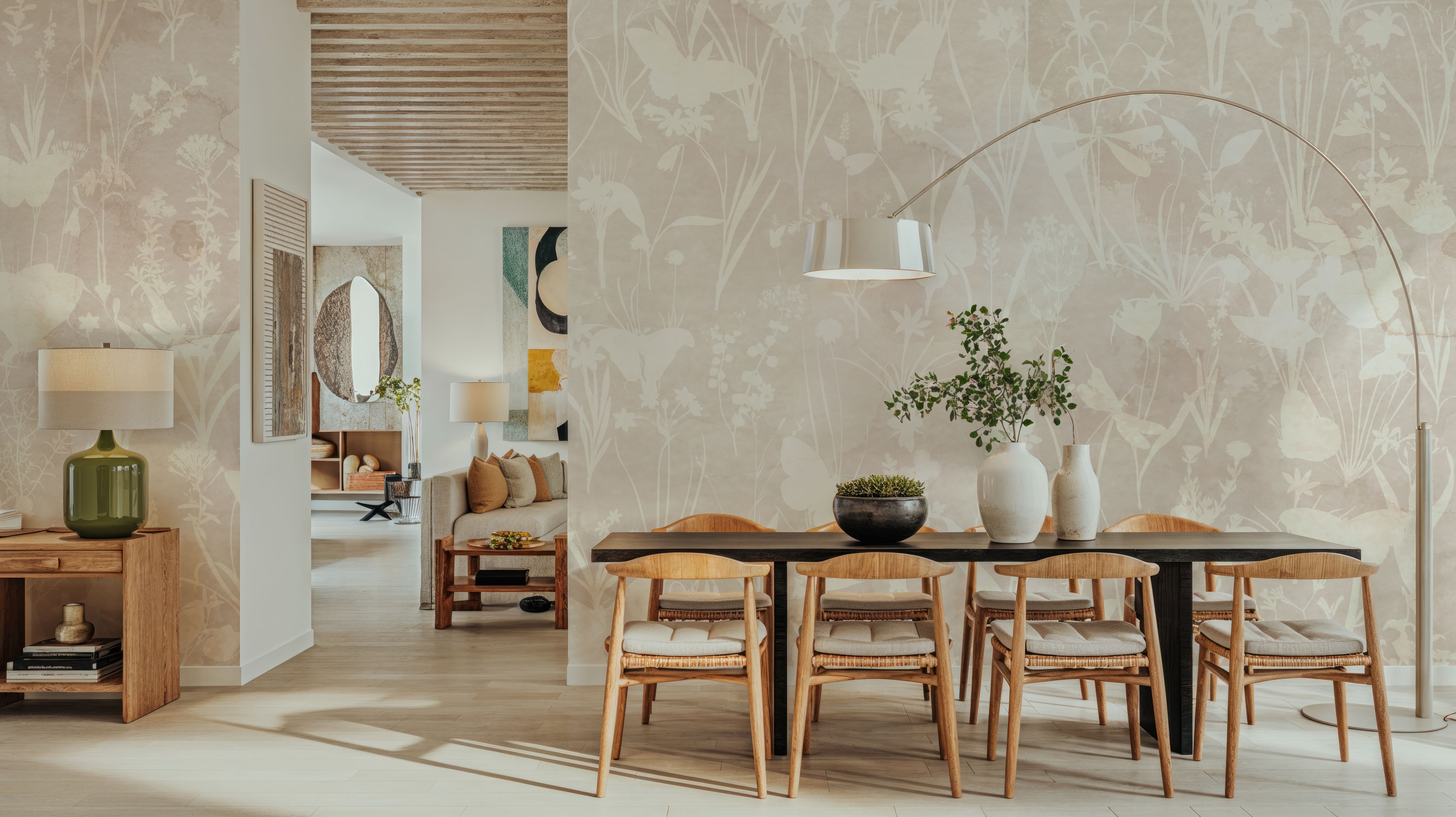 Herbals and Butterflies Double Silhouette Beige, Wallpaper