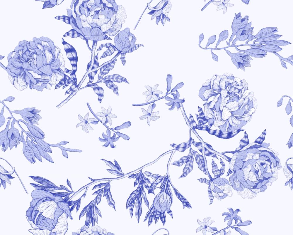 Peony Passion, Blue on White