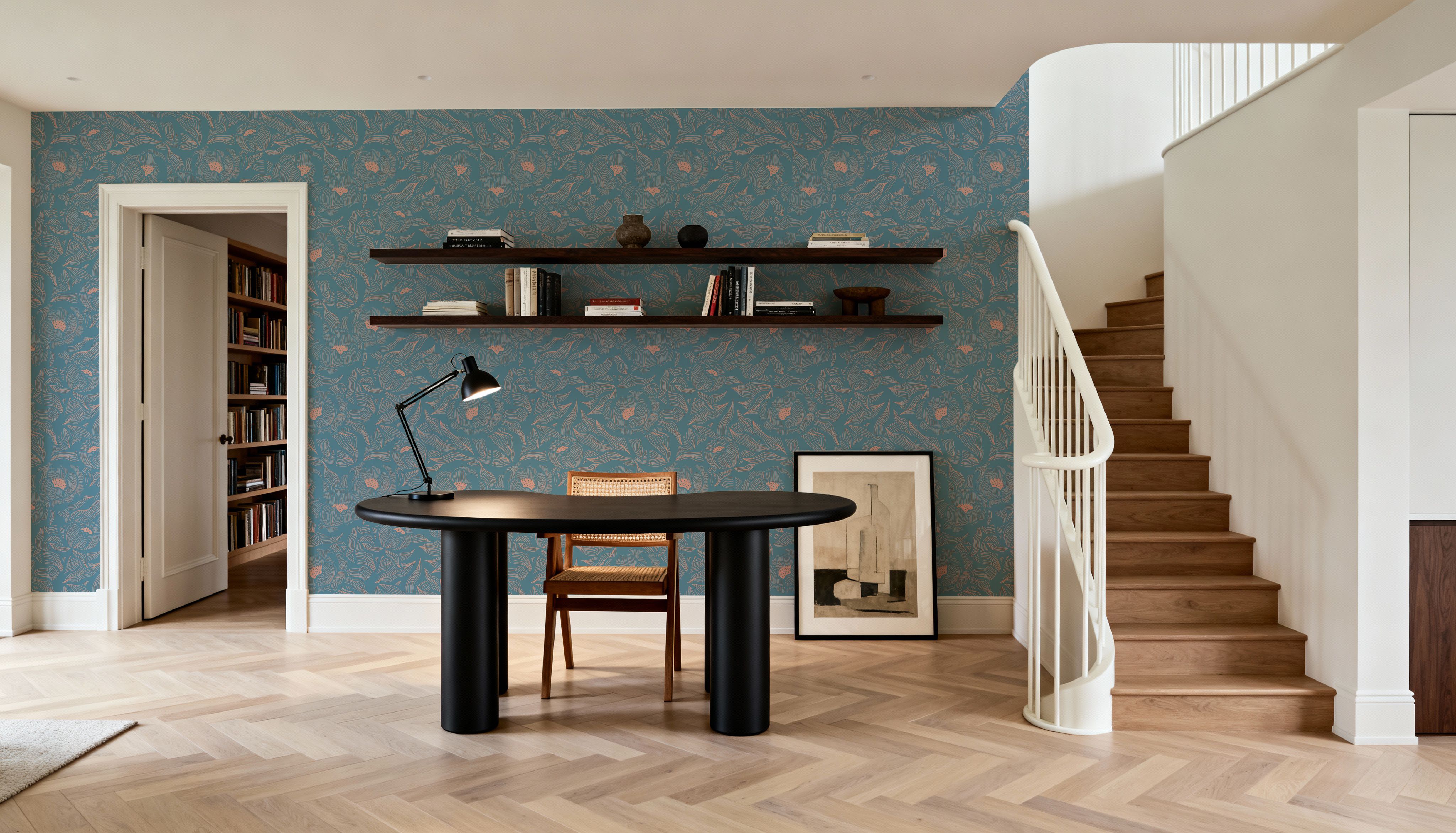 Hidden Peonies, Dusty Peach on Teal