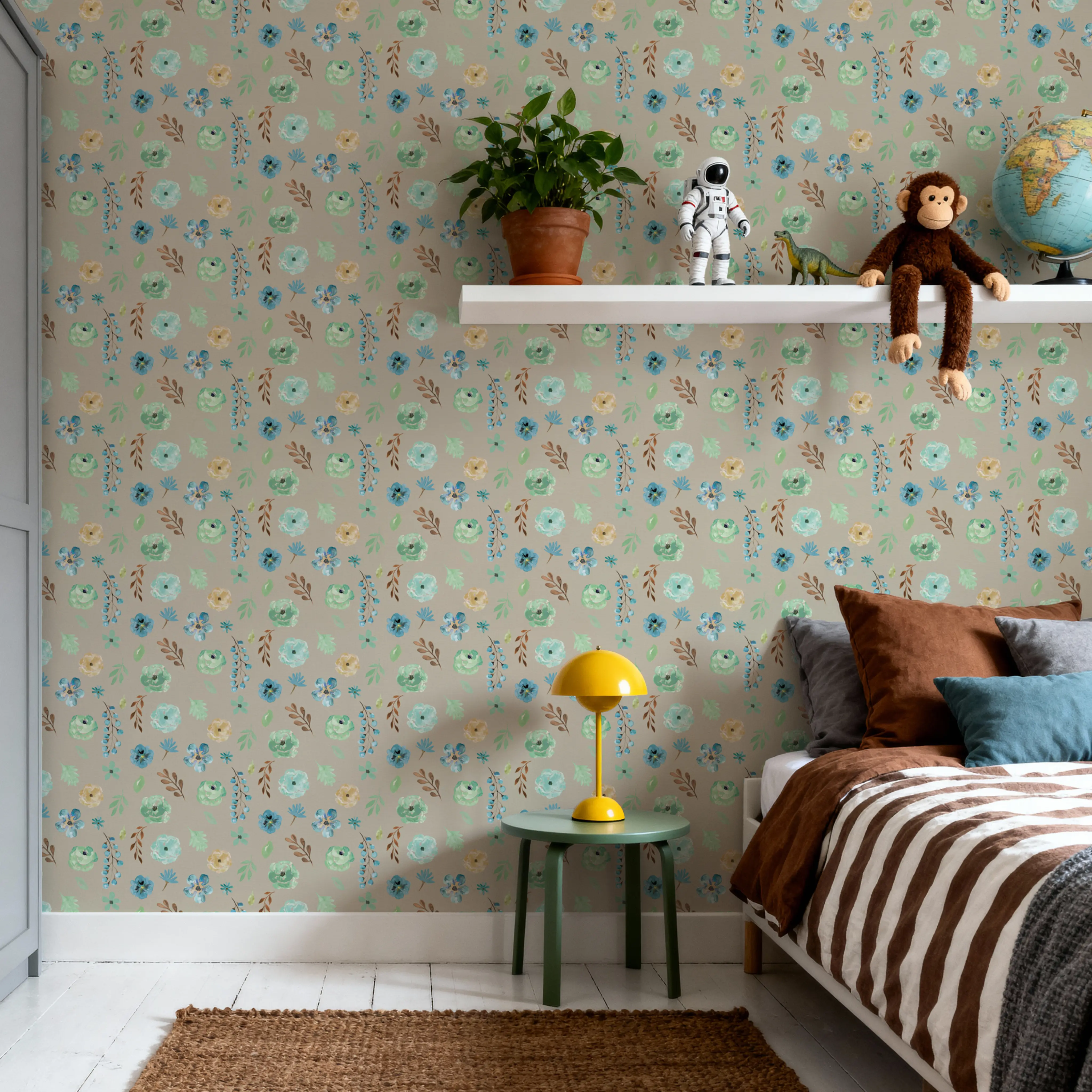 Wallpaper - Flutterby Flowers Beige - Chintz Nature - Green - Kids' Room - Wallism UK - Peel & Stick or Paste-the-Wall