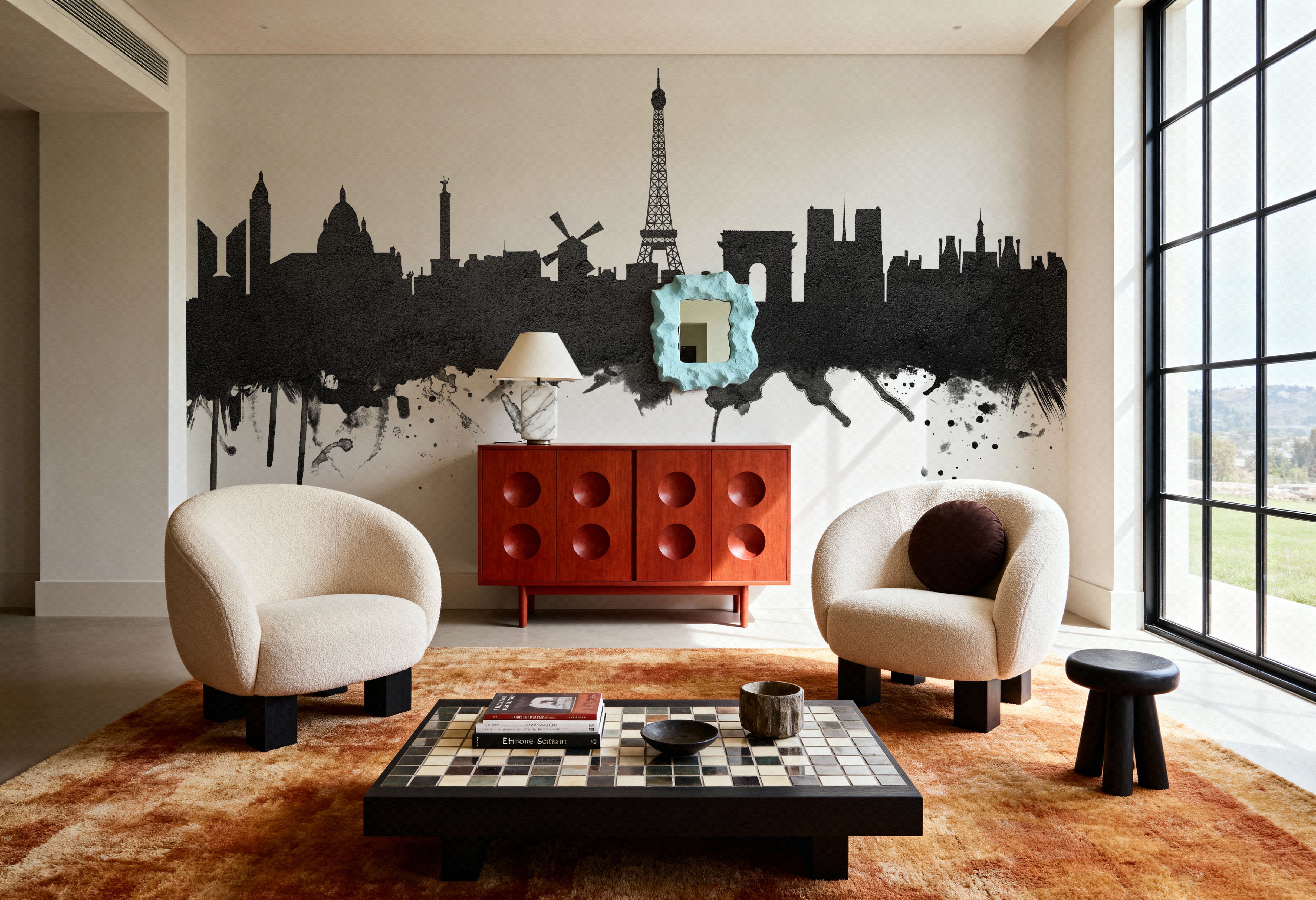 Wall Mural - Paris Skyline Black & White - Travel & Landmarks mural wallpaper - Gray - Dining Room - Wallism US - Premium, Textured or Peel & Stick