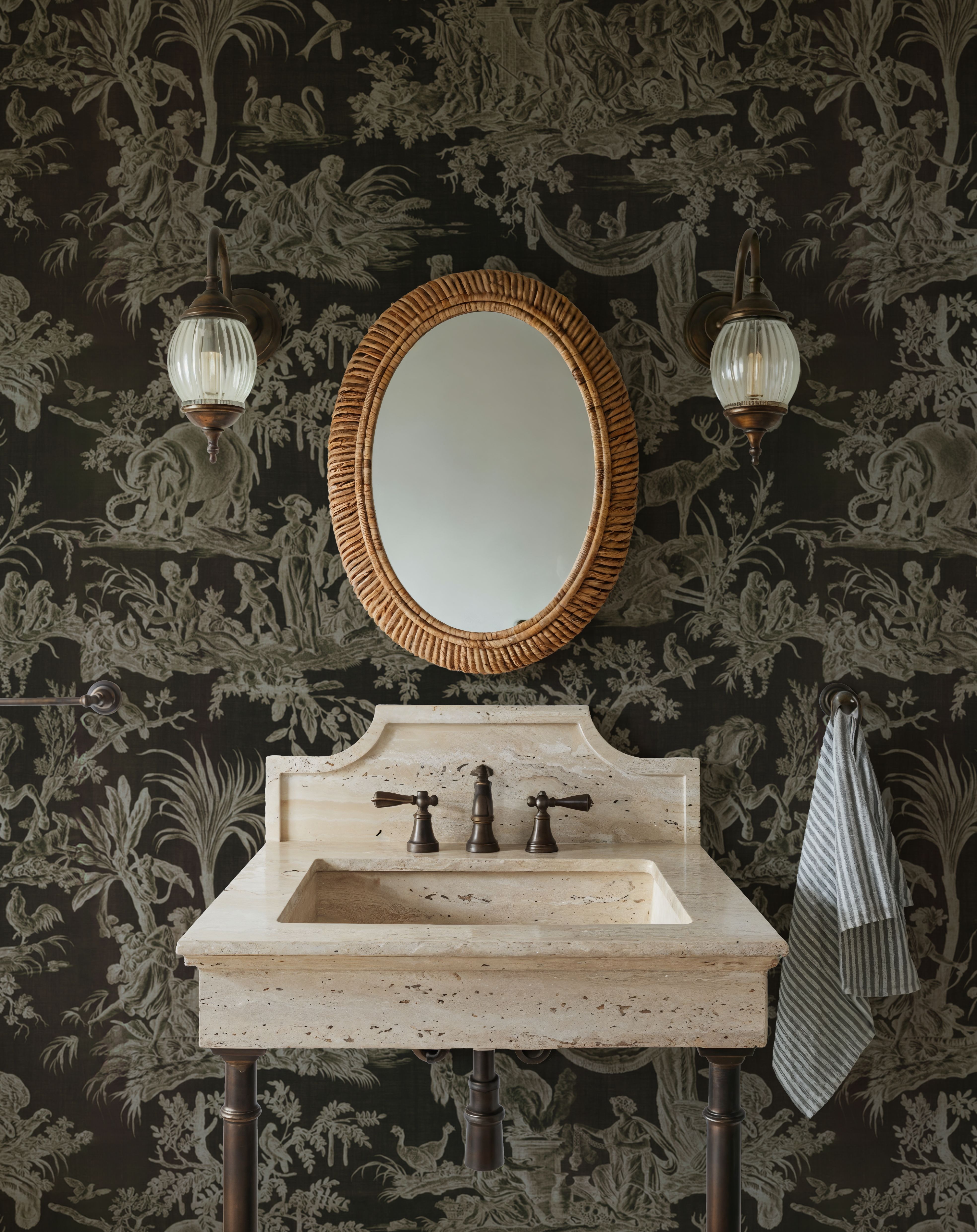 Patinated Linen Toile de Jouy, Ink, Wallpaper