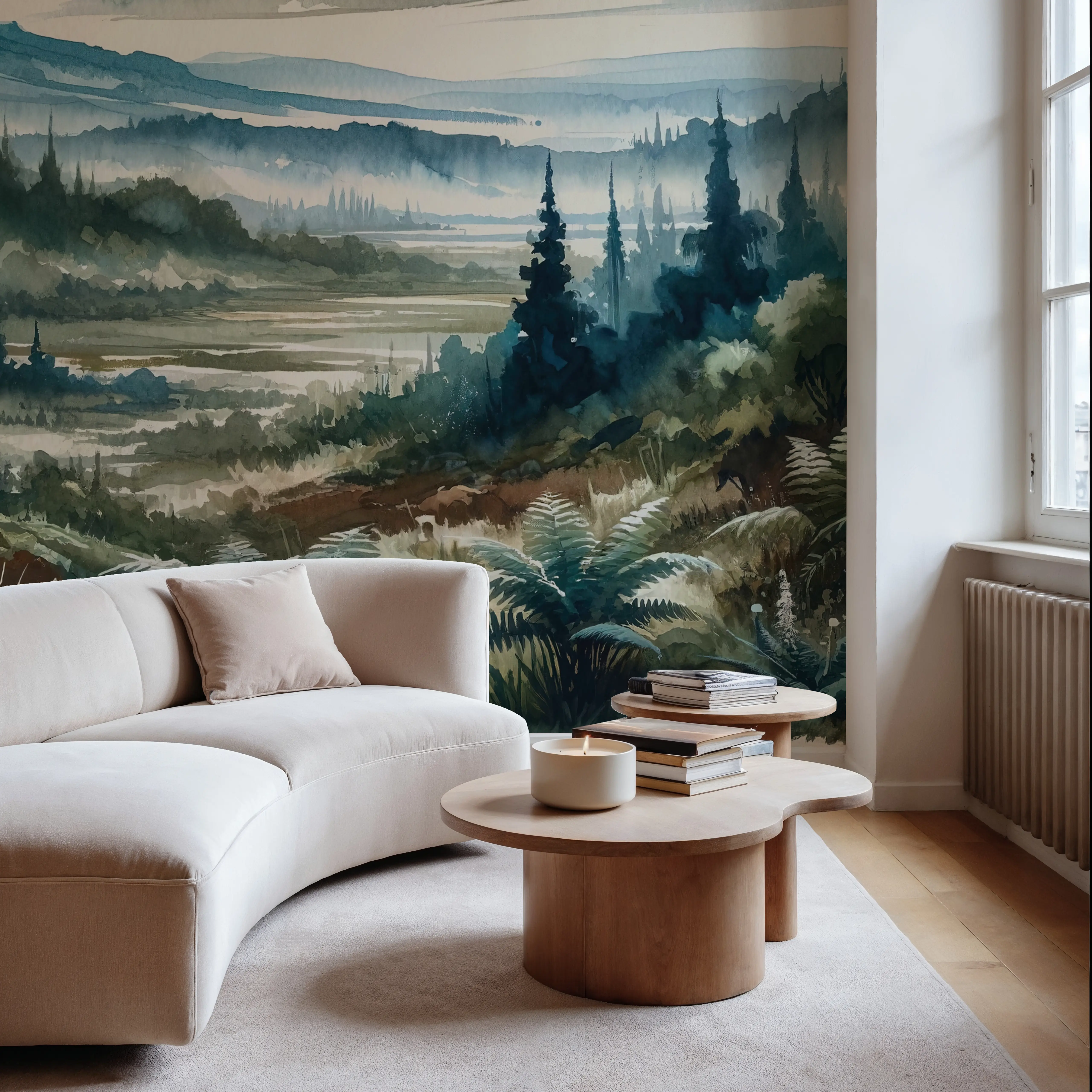 Fotobehang - Misty Mountain Valley Landscape - Bladeren Natuur Mural - Groen - Woonkamer - Wallism België - Zelfklevend of Vliesbehang