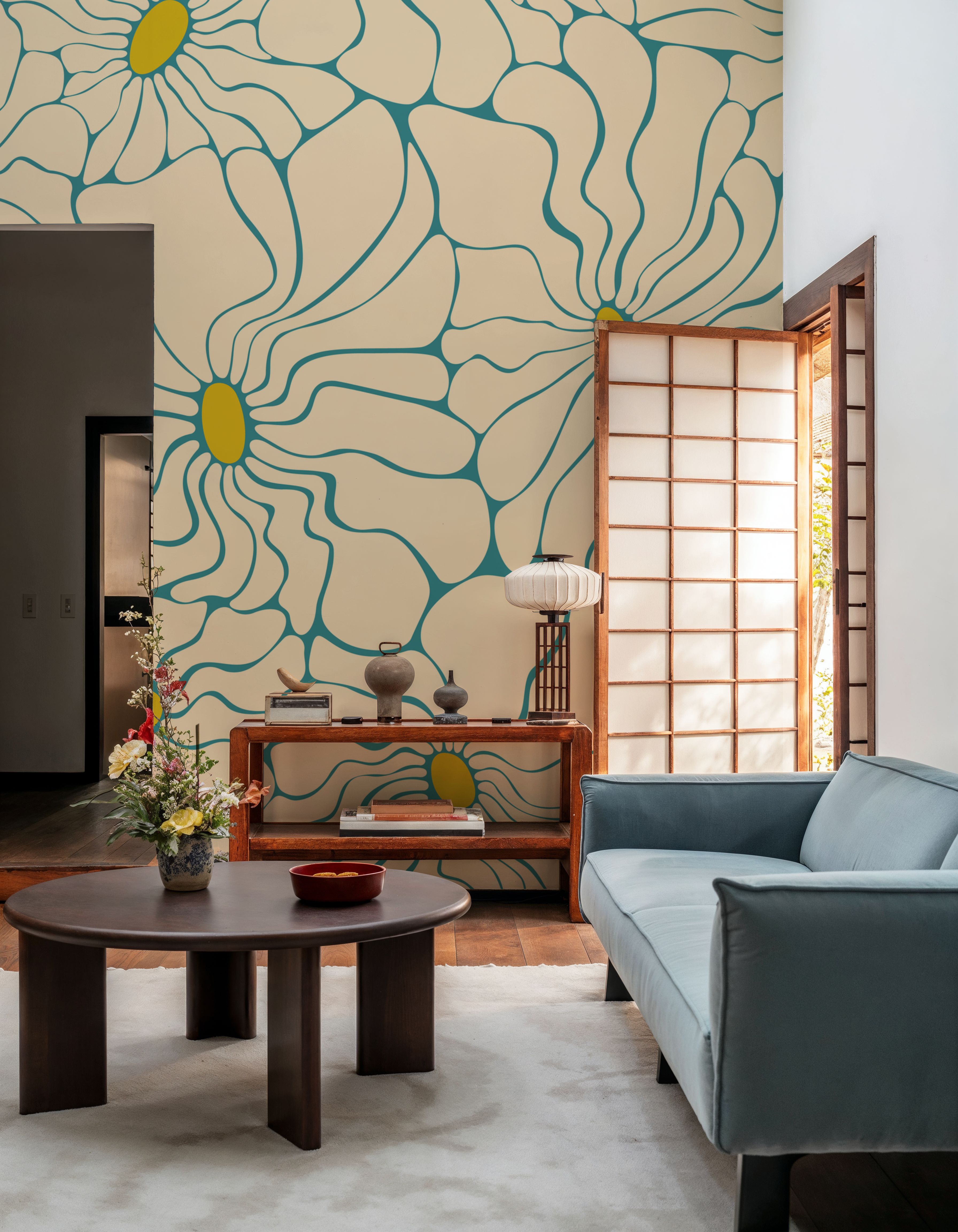 Cool Fluid Flowers Mural, Cream