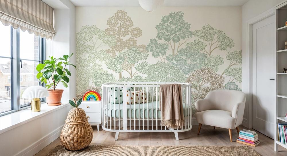 A photo of a nursery with white crib, toys on the floor and a forerst themed illustrated wallpaper on the walls